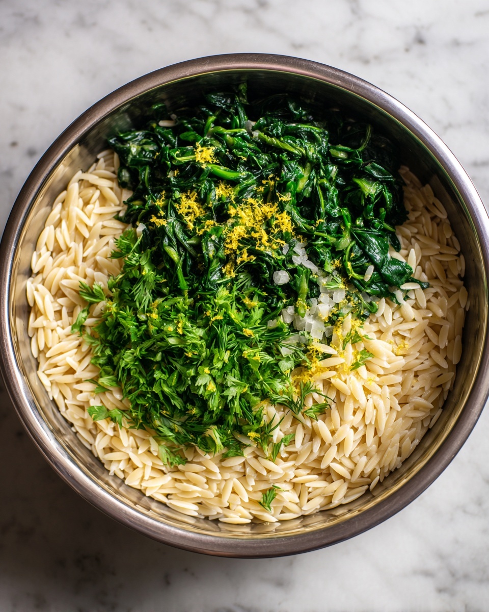 Lightened-Up Lemon Salmon Orzo Pasta Recipe 5 The image shows a metal bowl filled with three main layers. The bottom layer is light beige orzo pasta with a smooth texture, filling the whole bowl. On top of the pasta is a layer of cooked dark green spinach mixed with small pieces of translucent cooked onions. The top layer is fresh, bright green dill leaves sprinkled in the center, along with small patches of yellow lemon zest and tiny grains of coarse salt. The bowl sits on a white marbled surface. photo taken with an iphone --ar 4:5 --v 7