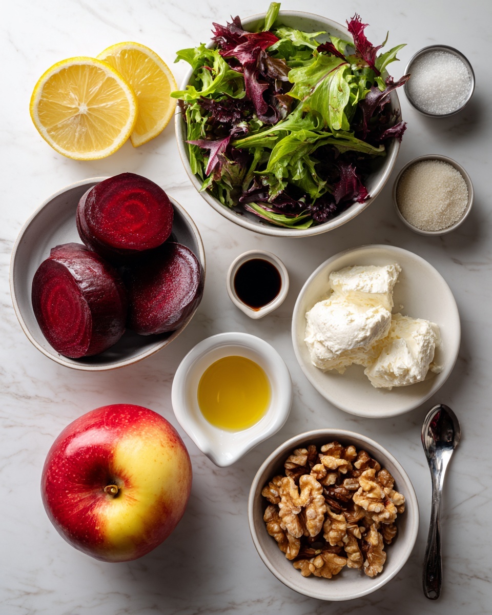 A top view of several ingredients on a white marbled surface including a large red and yellow apple in a white bowl, four dark red peeled beets in a white bowl, a bowl of green and purple leafy salad at the top, a small bowl with two lemon slices, another small bowl with dark balsamic vinegar, a small dish of white powder, a larger bowl with two scoops of white cheese, a white bowl filled with walnut halves, a small white cup of golden olive oil, and a small white dish with a metal measuring spoon holding honey. Photo taken with an iphone --ar 4:5 --v 7