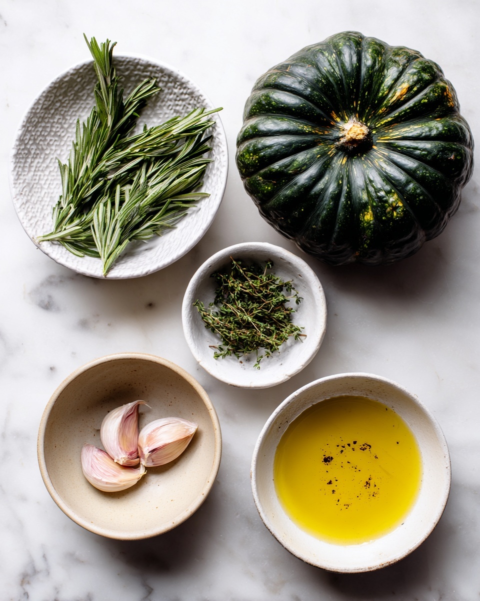 A top-down view of five items arranged on a white marbled surface: a dark green round pumpkin with natural ridges and a knobby stem at the top right; a white textured bowl at the top left containing two sprigs of fresh, dark green rosemary; a white smooth bowl in the center right holding several thin, green thyme sprigs; a small round bowl with a beige exterior and smooth white interior at the bottom left holding two garlic cloves with light purple skin; and a white smooth bowl at the bottom center filled with golden yellow olive oil with a few small black specks. photo taken with an iphone --ar 4:5 --v 7