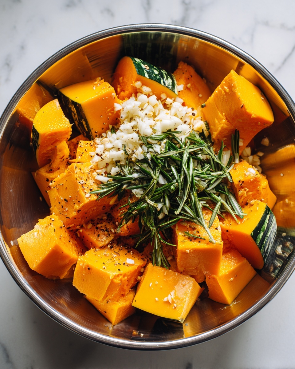This close-up image shows large chunks of bright orange squash with dark green skin pieces spread inside a reflective metal bowl. On top of the squash, there is a layer of finely chopped white garlic and a generous sprinkle of fresh green rosemary sprigs mixed with some black pepper and coarse salt. The squash pieces are arranged in the bowl with some piled up toward the center under the herbs, creating a layered texture of vibrant orange, deep green, and fresh herb green. The overall scene rests on a white marbled surface. Photo taken with an iphone --ar 4:5 --v 7