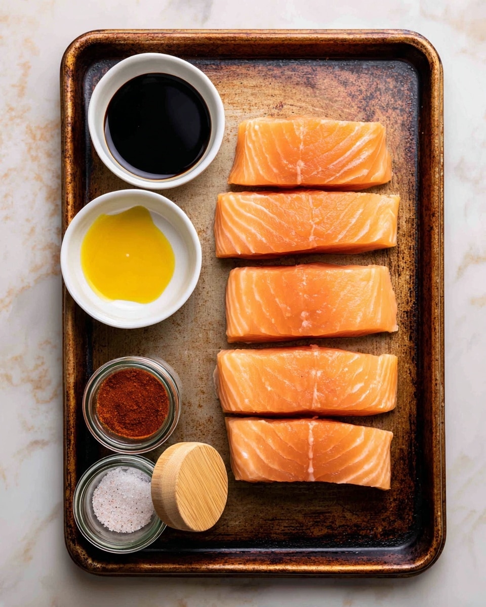 The image shows four raw salmon fillets with a pale orange color and smooth texture, neatly placed in a single row on a worn, brown baking tray. To the left of the tray are three small white bowls stacked vertically, holding dark soy sauce, light honey, and a dollop of yellow mustard. Below the bowls are two small glass jars with wooden lids; the jar on the left contains white garlic powder while the jar on the right holds reddish smoked paprika. The whole setup sits on a white marbled textured surface. Photo taken with an iphone --ar 4:5 --v 7