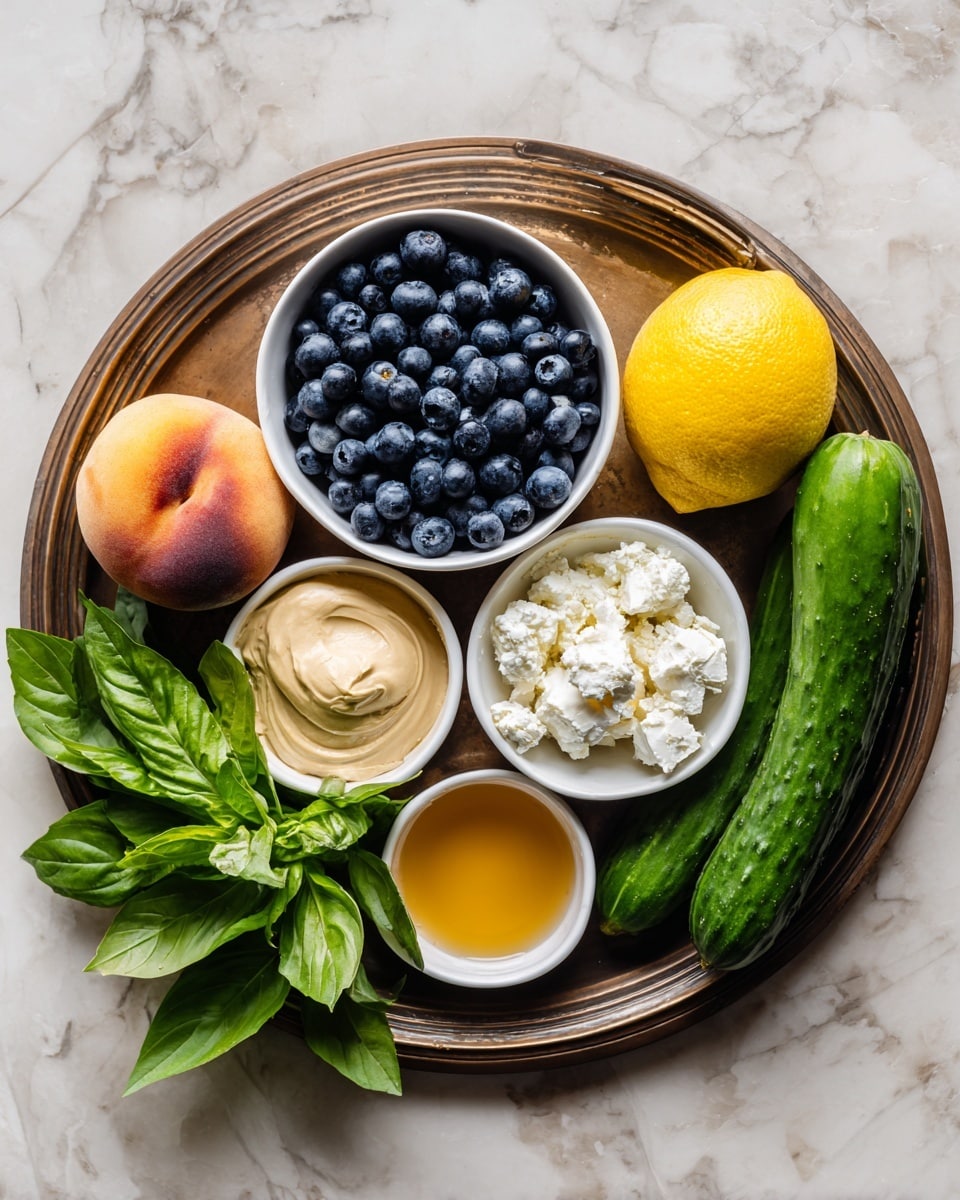 The image shows a rusty brown metal tray placed on a white marbled surface. On the tray, there are two white bowls filled with small round blue blueberries, and crumbled white cheese. Beside these bowls are two ripe fuzzy peaches and a bright yellow lemon. Two long green cucumbers lie near the top right corner. At the bottom left corner of the tray, there are fresh green basil leaves next to a white bowl with a swirl of light brown mustard, and another white bowl with golden honey. photo taken with an iphone --ar 4:5 --v 7