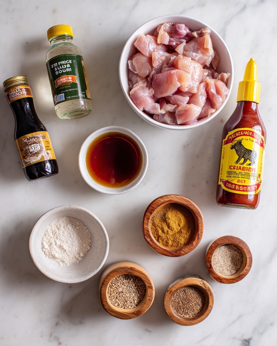The image shows ingredients arranged neatly on a white marbled surface. At the center bottom is a white bowl filled with light pink pieces of raw chicken. To its left is a small white bowl holding a dark amber liquid. Above that is a small white bowl with a white powder. In the top row, from left to right, there is a clear bottle of rice vinegar, a dark green-capped bottle of gluten-free soy sauce, a brown-capped bottle of Sriracha hot sauce with a yellow label featuring a black squirrel, and three small jars with wooden tops containing garlic powder, ginger root powder, and sesame seeds, all labeled clearly. The items are evenly spaced and well-lit, giving a clean and fresh look. Photo taken with an iphone --ar 4:5 --v 7