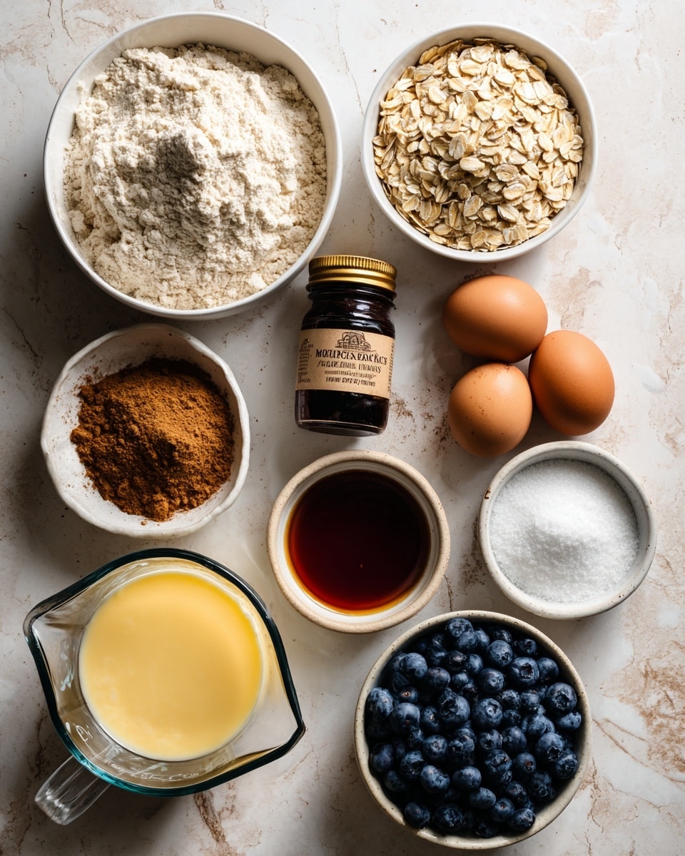 The image shows eight bowls and containers filled with baking ingredients arranged neatly on a white marbled surface. At the top left is a white bowl full of light beige flour, next to it on the right is another white bowl filled with pale yellow rolled oats. Below the oats is a small glass jar with a gold-colored lid containing brown cinnamon powder. A dark brown bottle labeled Madagascar Vanilla Bean Paste is below the cinnamon jar. Near the center are two brown eggs placed side by side, with a white bowl next to them filled with a dark amber syrup. Below this bowl is another white bowl containing bright yellow melted butter. To the left of the butter is a clear glass measuring cup holding light creamy milk. At the bottom right, a white bowl is filled with fresh dark blue blueberries, and next to it is a smaller white bowl that has white baking powder and salt. The photo taken with an iphone --ar 4:5 --v 7