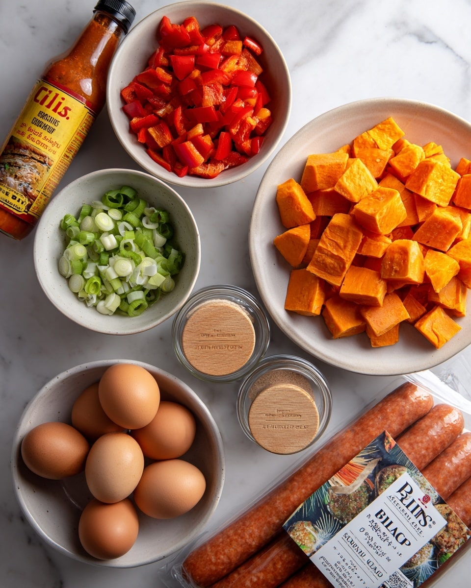 A top view shows six white bowls and a packaged sausage arranged on a white marbled surface. The largest bowl on the top right is filled with cubed bright orange sweet potatoes with smooth textures. Below it, a medium white bowl holds chopped red bell peppers in small, uneven chunks with shiny surfaces. To the left of that, another medium white bowl contains chopped green onions in short pieces with light and dark green colors. Below the green onions, a smaller white bowl holds four whole brown eggs with smooth shells. To the right of the eggs and peppers are two clear glass spice jars with wooden lids, labeled garlic powder and smoked paprika, both showing light beige and reddish spices inside. At the bottom right, a package of Bilinski's organic Cajun style andouille chicken sausages is visible, with the bright orange sausages tightly packed inside plastic packaging with a colorful label. A bottle of Cholula hot sauce with a yellow-orange label is placed near the top left corner. photo taken with an iphone --ar 4:5 --v 7