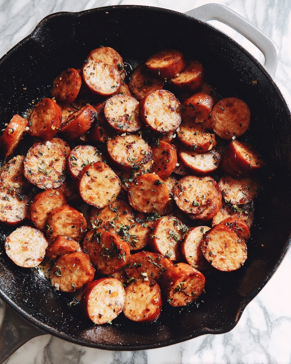 A black cast iron pan filled with many slices of browned sausage, scattered evenly with some slices standing upright. The sausage pieces are light brown with visible herbs and spices inside, showing a slightly crispy texture on the edges. The pan is placed on a surface with a white marbled texture. Photo taken with an iphone --ar 4:5 --v 7