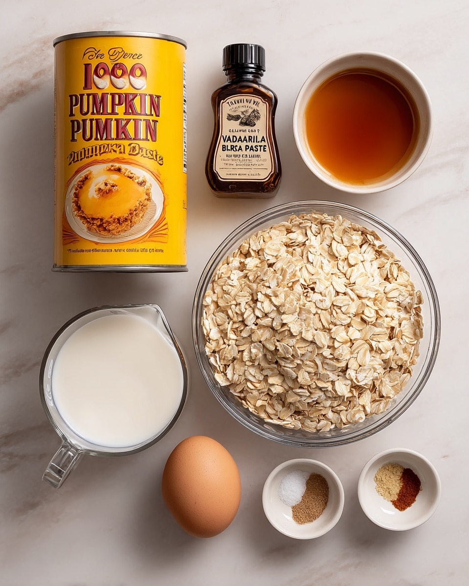 The image shows six main parts arranged on a white marbled surface: at the center top is a yellow can labeled