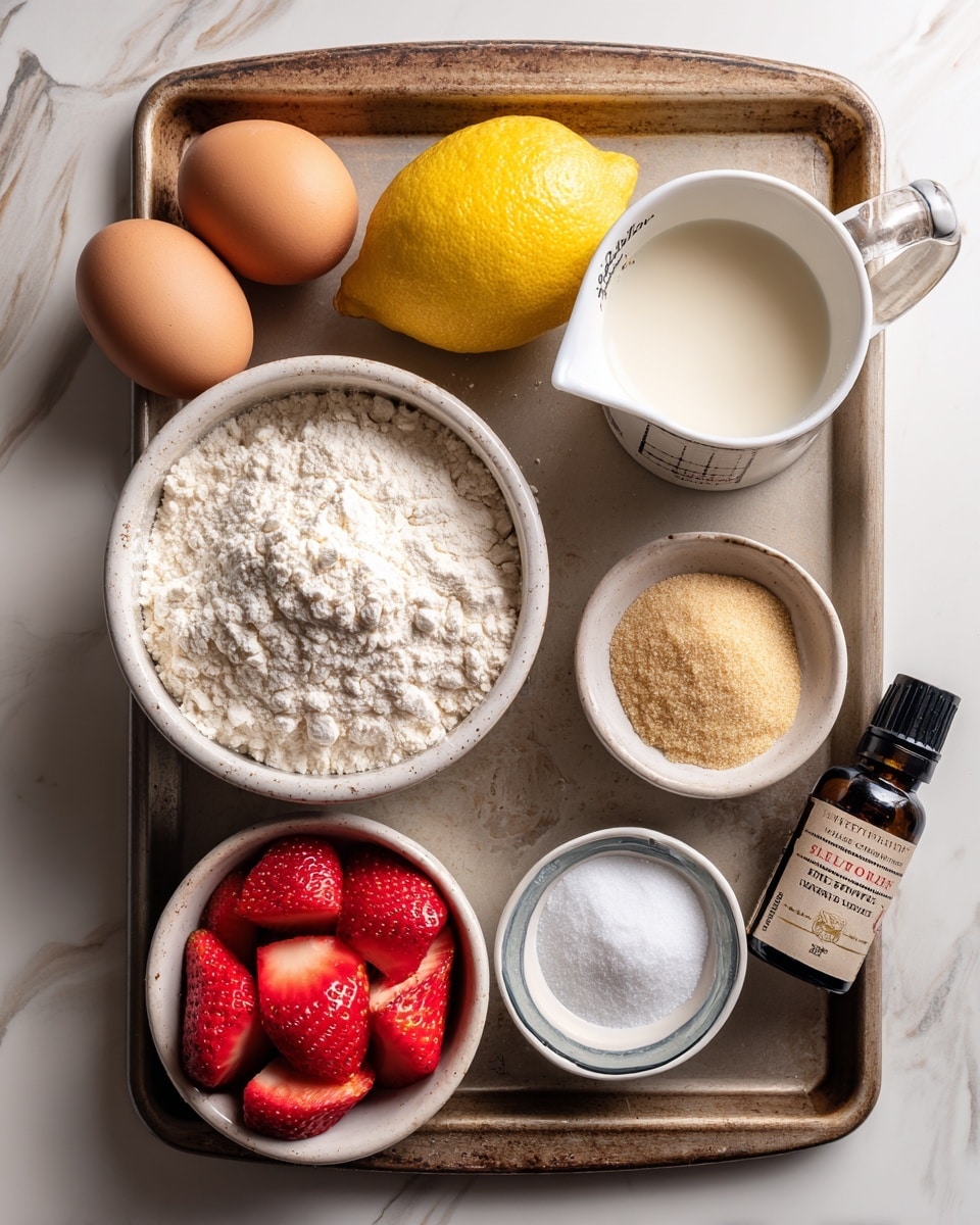 The image shows a baking sheet holding several small white bowls and a glass measuring cup. One bowl is filled with white flour, another contains sliced red strawberries, another with light brown sugar, and a smaller bowl holds white powdery baking ingredients. The glass measuring cup is filled with milk, and there are two brown eggs and a whole yellow lemon on the tray. A dark brown bottle labeled pure almond extract lies beside the eggs on the baking sheet. The background is a white marbled surface. Photo taken with an iphone --ar 4:5 --v 7