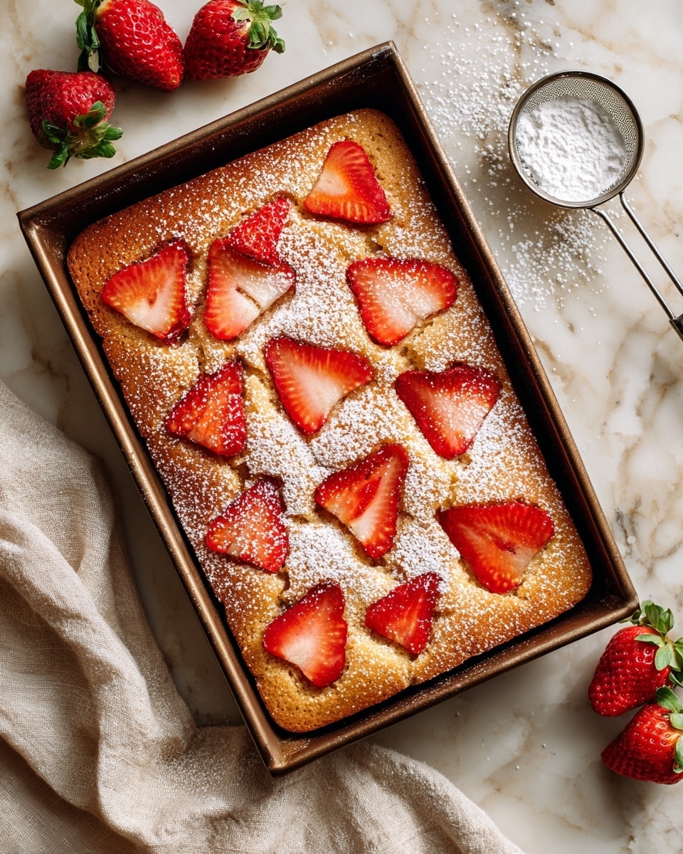 A square piece of light brown cake with a soft texture sits centered on a white plate with a brown rim. The top of the cake is decorated with five thin slices of red strawberry, each showing the inner seeds and juicy texture, arranged evenly across the cake. A light dusting of white powdered sugar covers the cake and strawberries, adding a soft, snowy look. Golden syrup glistens in globs and thin lines across the top, catching the light. A small cube of cake is cut out and placed near the left edge of the plate, with a silver fork resting beside it. In the background, a whole red strawberry with a green top sits to the upper left against a white marbled surface. Photo taken with an iphone --ar 4:5 --v 7