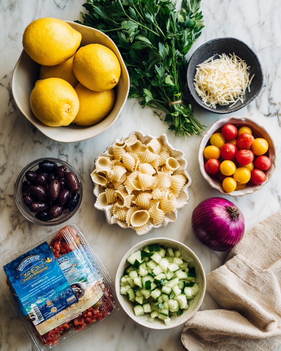 A wooden bowl holds a colorful pasta salad arranged in six distinct sections. One section has light yellow pasta shells sprinkled with green herbs, next to a pile of bright red tomato sauce with bits of vegetables. There's a part with small green cucumber chunks, and another with a mix of red, yellow, and orange sliced cherry tomatoes. Dark purple olives fill a section beside shredded white cheese, and finely chopped purple onions complete the circle. The bowl sits on a white marbled surface next to a beige cloth and gold salad serving utensils, with a bag of shell pasta nearby. Photo taken with an iphone --ar 4:5 --v 7
