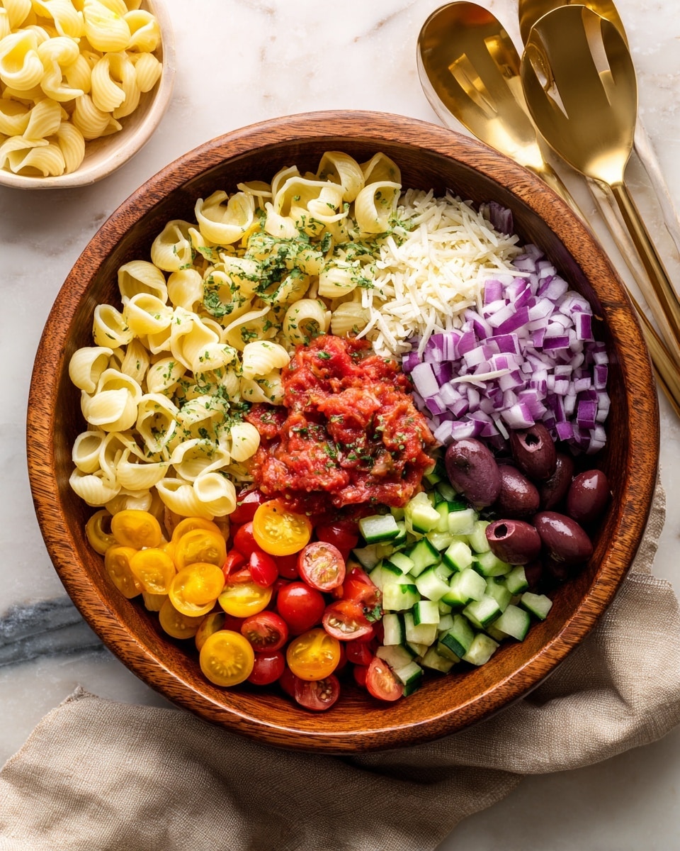 A white rectangular plate holds a pasta salad made of light yellow shell pasta as the base layer, mixed with halved red and yellow cherry tomatoes, dark purple olives, sliced cucumber, and bits of green leafy herbs scattered throughout. Thin slices of red onion and small shreds of white cheese are spread on top, adding texture and color. The plate is placed on a white marbled surface, surrounded by small white bowls containing shredded cheese, whole colorful cherry tomatoes, and dark olives. A plate with whole and halved lemons sits next to the pasta with two golden serving utensils. A light beige cloth is casually placed near the bowls. photo taken with an iphone --ar 4:5 --v 7