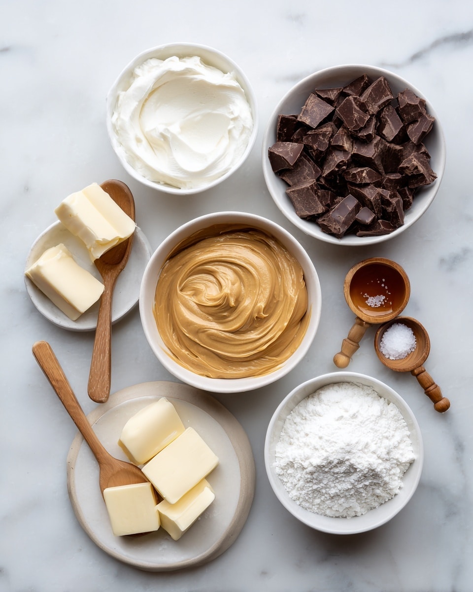 The image shows six white bowls and a small white plate arranged on a white marbled surface. A bowl in the center is filled with smooth, creamy light brown peanut butter. Above it to the right is a bowl filled with dark brown, uneven chocolate chunks. Above the peanut butter to the left is a small white bowl with a white solid coconut oil. Below the peanut butter is a bowl with a smooth, white, creamy substance, possibly sour cream or cream cheese. To the bottom right is a bowl filled with white powder, likely powdered sugar, with a wooden spoon resting inside. To the left is a small white plate with several small slices of butter and two wooden measuring spoons, one with a dark liquid and the other filled with white salt. Photo taken with an iphone --ar 4:5 --v 7