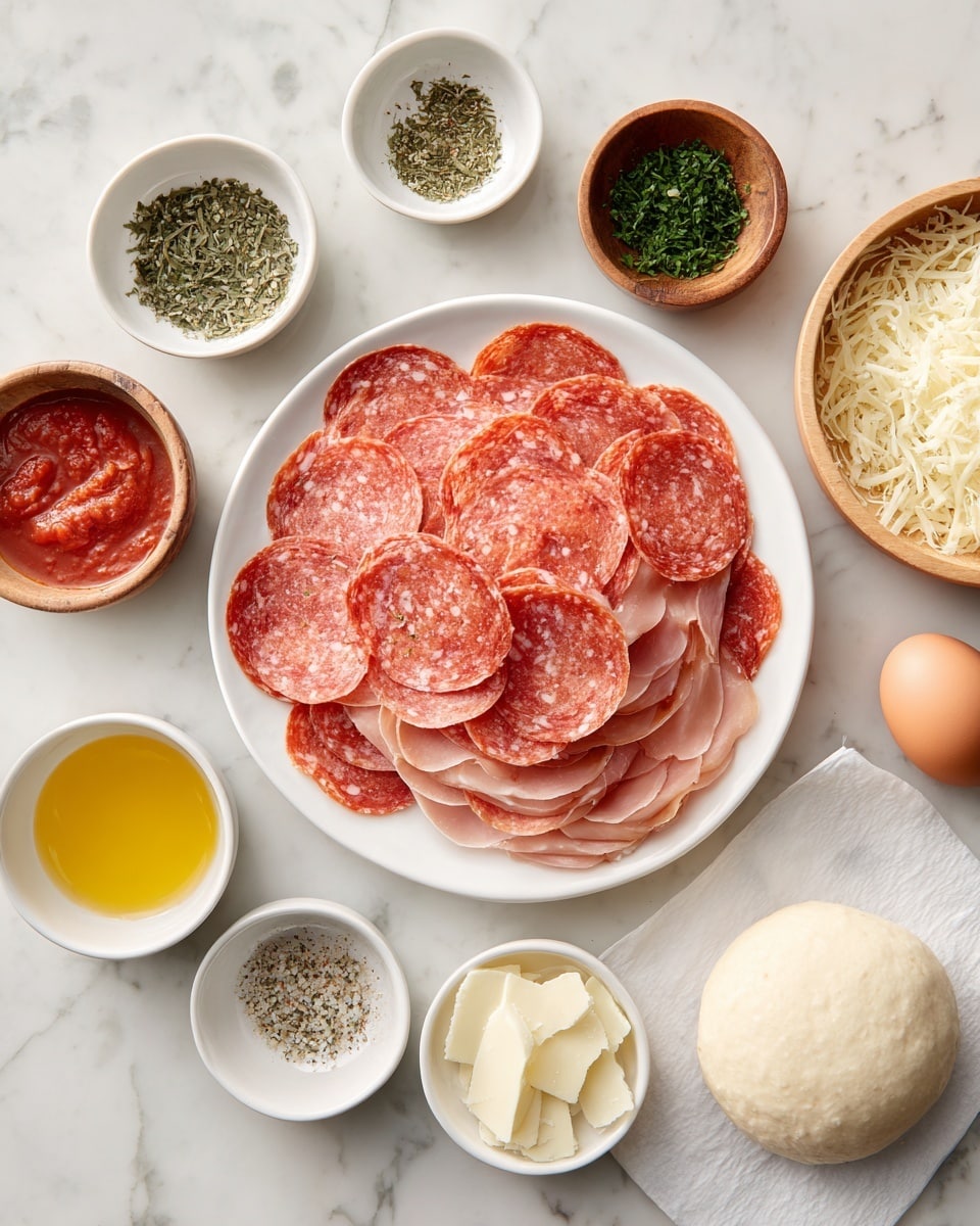 The image shows several ingredients neatly placed on a white marbled surface. At the center, there is a white plate with two layers of thinly sliced meats: a top layer of small, round, bright red slices with a slightly oily texture and an overlapped bottom layer of softer pink slices with white specks. Around the plate, there are small white and wooden bowls containing different items: chopped green herbs, coarse white salt, a small bowl with melted yellow butter, a mix of dried herbs and light seasoning, a single brown egg in a white bowl, red tomato sauce in a white bowl, small white round slices of cheese, grated white cheese in a white bowl, and a wooden bowl with shredded white cheese. A ball of pale dough rests on white parchment near the bottom right side. The setup looks clean and organized, ready for cooking. Photo taken with an iphone --ar 4:5 --v 7