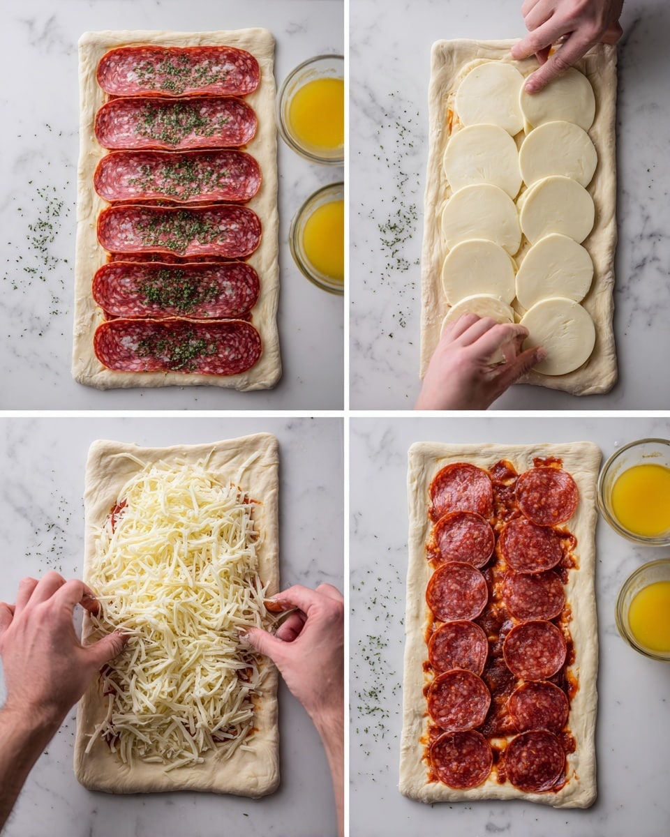 The image shows four steps of making a layered pizza on a white marbled surface. The first step features a rectangular dough base topped with two layers of circular thin red slices of different meats stacked evenly, sprinkled with fine green herbs. In the second step, a woman's hand places round white cheese slices evenly over the meats, layering a creamy texture on top. The third step displays another woman's hand spreading shredded white cheese over arranged red circular pepperoni on the dough, adding a fluffy texture. The last step shows the dough folded over the top layer of meats, sealing everything inside, with a brush and a cup of yellow egg wash beside it, ready to be brushed on. photo taken with an iphone --ar 4:5 --v 7