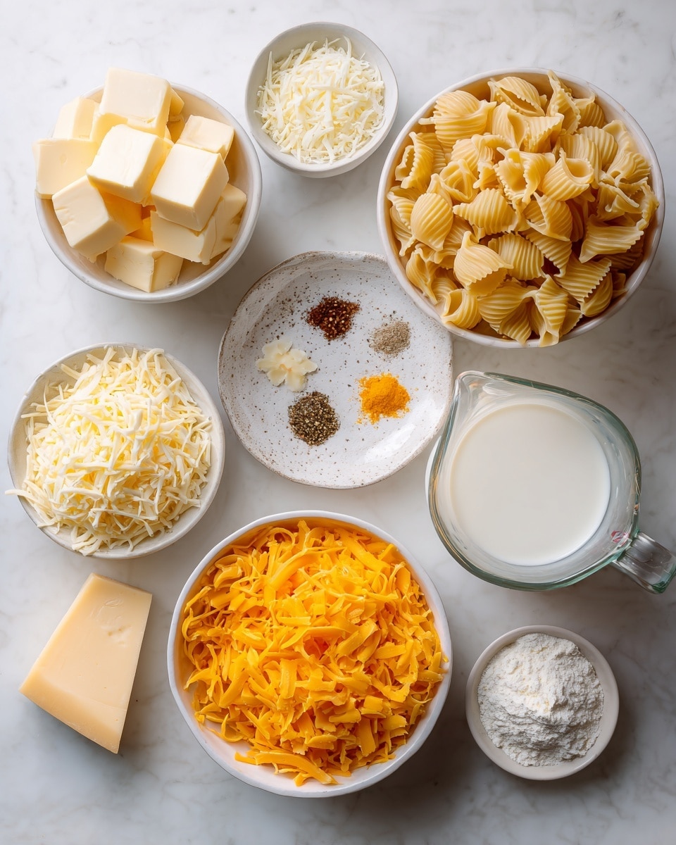 The image shows several white bowls and small dishes arranged on a white marbled surface, each containing different ingredients for a recipe. Starting from the top left, there is a bowl with pale yellow butter cubes and next to it is a bowl filled with grated Parmesan cheese. Below those, a small bowl holds finely chopped garlic, while a patterned white plate nearby has four small piles of spices in black, white, red, and golden colors. To the right, a large white bowl is full of dry, golden shell pasta, displaying its ridged texture clearly. Below that, a medium white bowl contains shredded pale yellow cheese, next to a glass measuring cup filled with fresh white milk. At the bottom center, a large white bowl is heaped with shredded bright orange cheddar cheese. On the bottom right corner, a small white bowl has a heap of white flour, and a tiny dish close to the garlic has a small dollop of yellow mustard. Everything is carefully placed and brightly lit, with soft natural light highlighting the textures and colors of the ingredients. photo taken with an iphone --ar 4:5 --v 7