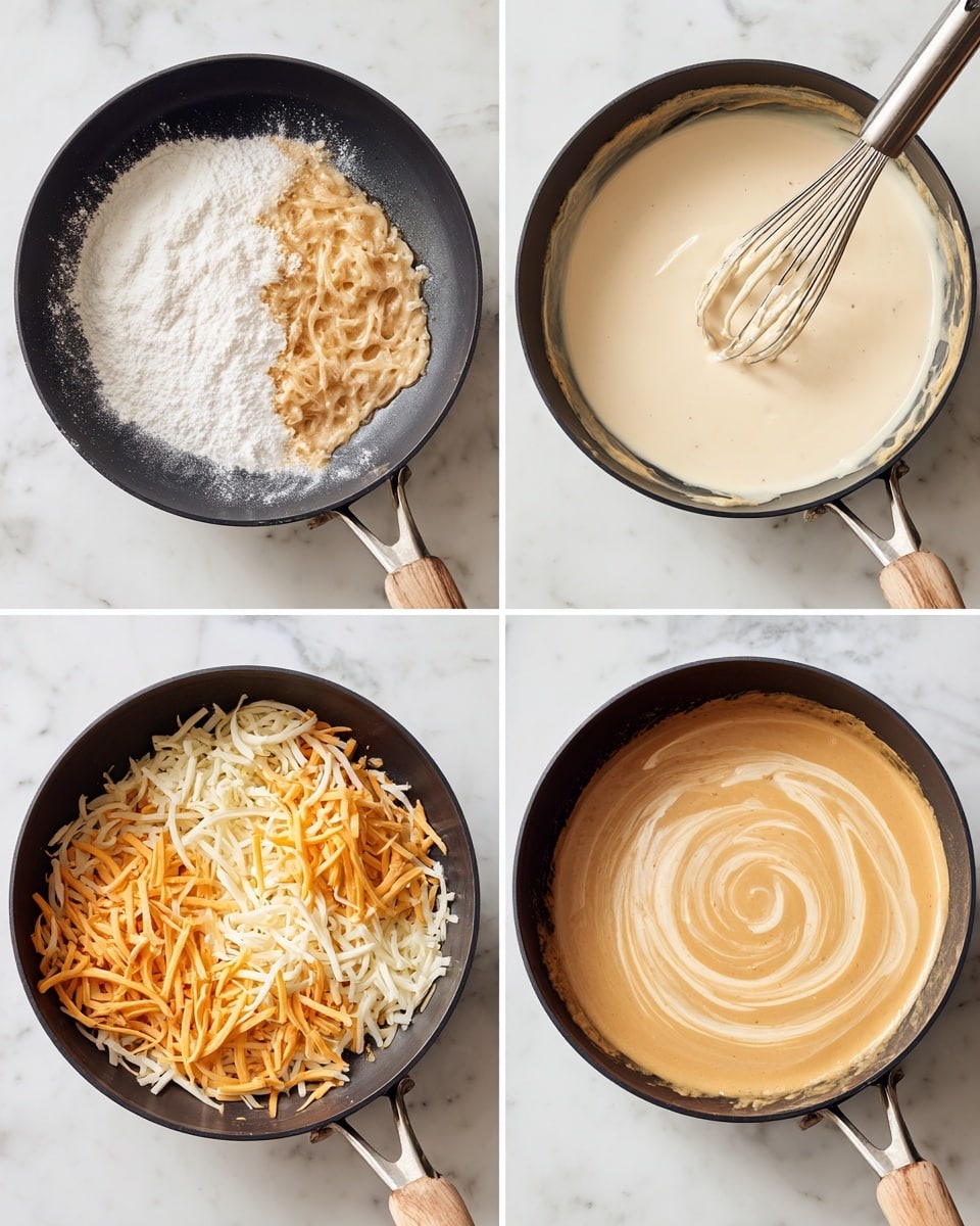 The four-part image shows the making of a creamy cheese sauce in a black pan placed on a white marbled surface. The first part shows white flour being stirred in melted butter, forming a grainy white swirl. The second part shows a whisk stirring in white milk, creating a smooth, creamy tan mixture. The third part shows a mix of shredded cheeses in white, light yellow, and bright orange piled in the pan. The fourth part shows the cheese mixture stirred into a smooth, thick light orange sauce with soft swirls from a white spoon. Photo taken with an iphone --ar 4:5 --v 7