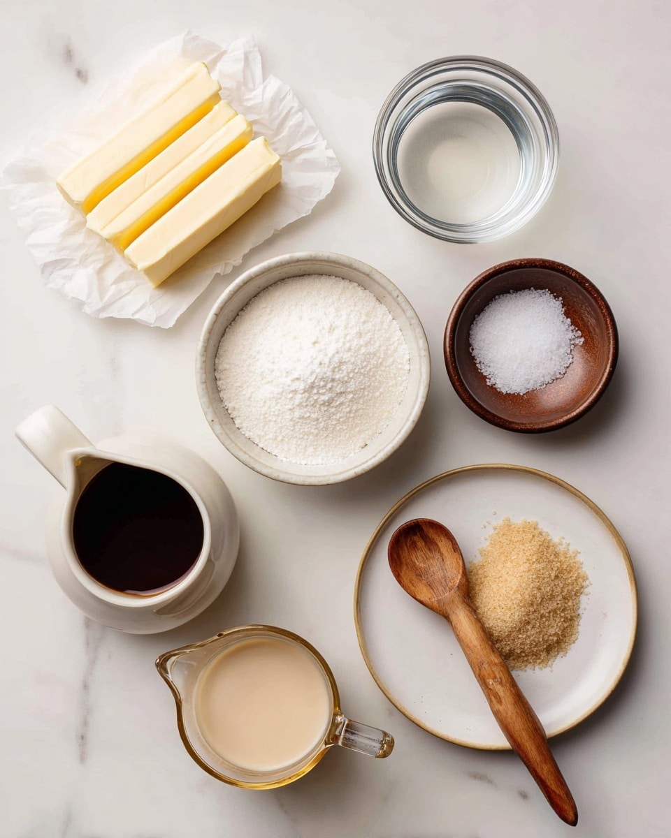 The image shows several ingredients neatly arranged on a white marbled surface. At the top left, there are sliced light yellow sticks of butter on white paper. Below that, a clear glass bowl holds a transparent liquid. Near the center, a small round white bowl is filled with white granulated sugar, and above it to the right, a small brown bowl contains coarse white salt. Next to the brown bowl, on a white ceramic plate with a wooden handled spoon, there is a small white bowl with dark brown liquid. At the bottom left, a white pitcher holds a light cream-colored liquid. To the right, a golden measuring cup is filled with light brown sugar, and in front of it, a transparent glass measuring cup contains a creamy beige liquid. Everything is placed simply and cleanly, showing clear textures and colors. photo taken with an iphone --ar 4:5 --v 7