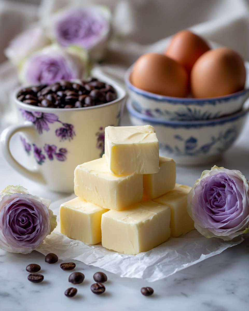 The image shows six square pieces of pale yellow butter, five of them stacked and cut into neat smaller cubes, placed on an open white baking paper on a white marbled surface. To the left of the butter is a pale purple rose with greenish outer petals. Behind the butter is a white cup with dark purple floral patterns filled with dark brown coffee beans and another similar pale purple rose resting on top. On the right side, a white cup with blue floral patterns holds three brown eggs. The overall setting has warm and soft light, creating a cozy feeling. Photo taken with an iphone --ar 4:5 --v 7