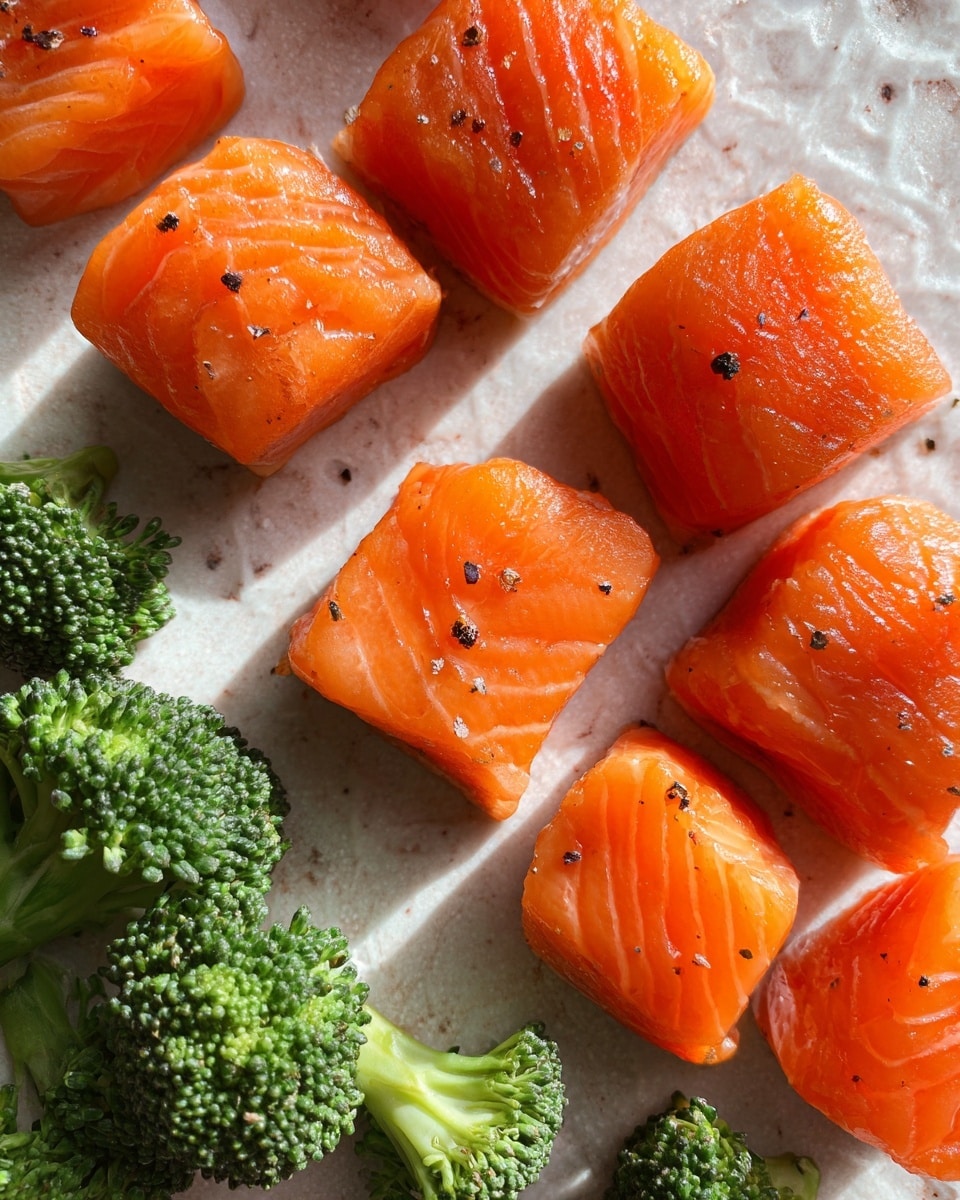 Close-up view of several small, bright orange salmon pieces with a smooth and slightly shiny surface, arranged in a scattered pattern on a textured pan. The salmon is sprinkled with a few tiny black pepper specks. On the lower right side, small, vibrant green broccoli florets with a fresh, crisp texture are placed next to the salmon. The background is a white marbled texture with natural sunlight highlighting the glossy look of the fish. photo taken with an iphone --ar 4:5 --v 7