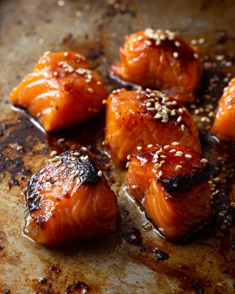 Close-up of several small, thick pieces of cooked salmon with a bright orange color. They have a slightly charred, crispy outside with dark grill marks on some parts. The pieces are sprinkled with small white sesame seeds. They sit on a flat, worn cooking surface with a mix of darker brown and black spots from cooking. The light shines on the salmon, showing a shiny, saucy texture on the surface. photo taken with an iphone --ar 4:5 --v 7