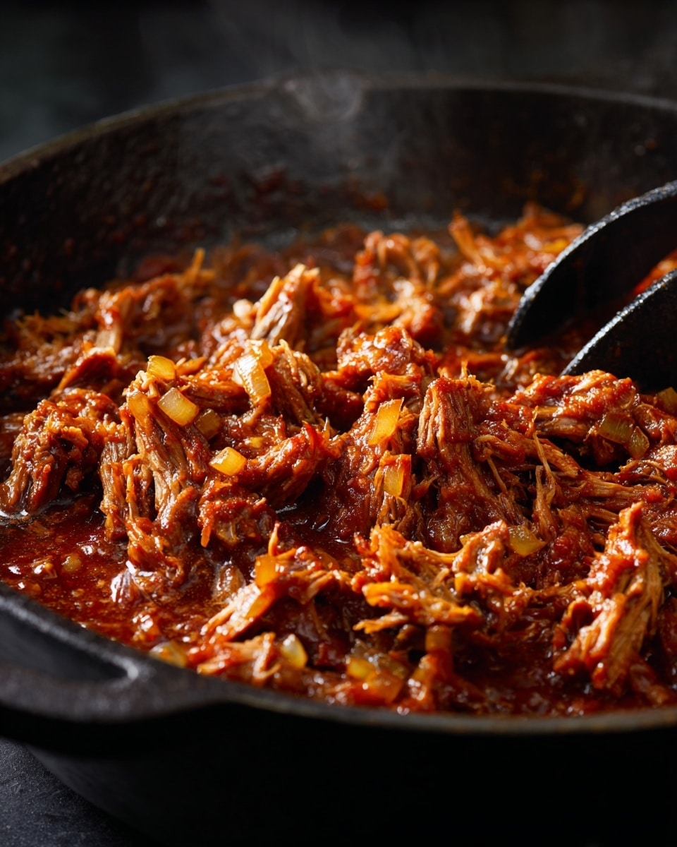 A close-up view of a black cast iron pan filled with shredded meat cooked in a thick, rich reddish-brown sauce. The meat looks tender and juicy, mixed with small pieces of sautéed onions that add texture. Two dark utensils are stirring or separating the meat, showing strands and chunks coated evenly in the glossy sauce. The background is dark, making the vibrant sauce and meat stand out. photo taken with an iphone --ar 4:5 --v 7