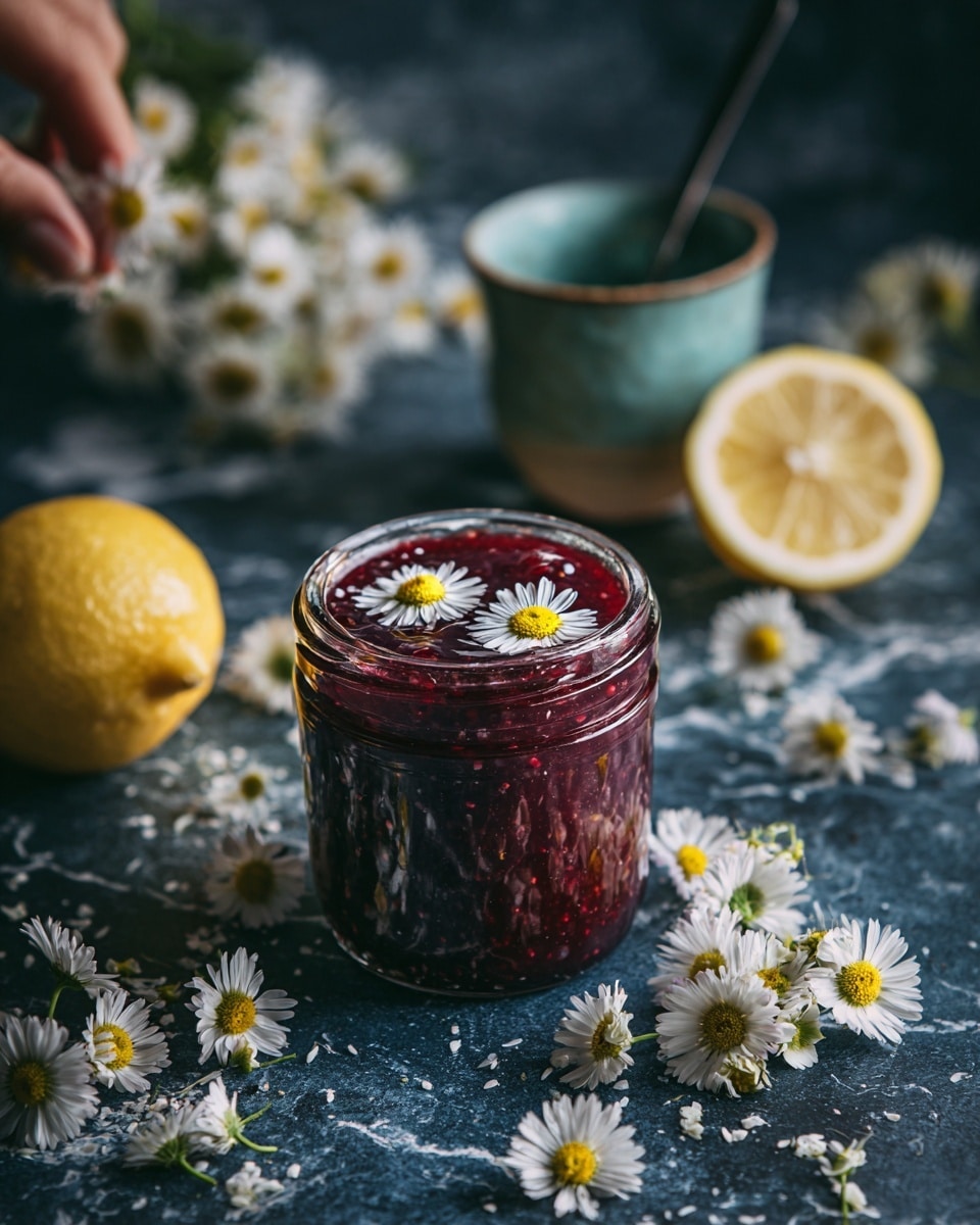 A clear glass jar filled with dark red strawberry preserves, topped with three small white daisy-like flowers floating on the surface. The jar is placed on a dark textured surface with a white marbled texture. Surrounding the jar are many small white flowers scattered around, some inside a blue-green ceramic cup on the right. In the background, two lemon wedges and a transparent measuring cup with a black handle partially visible. The scene is softly lit, highlighting the shiny texture of the preserves and the delicate petals of the flowers. photo taken with an iphone --ar 4:5 --v 7