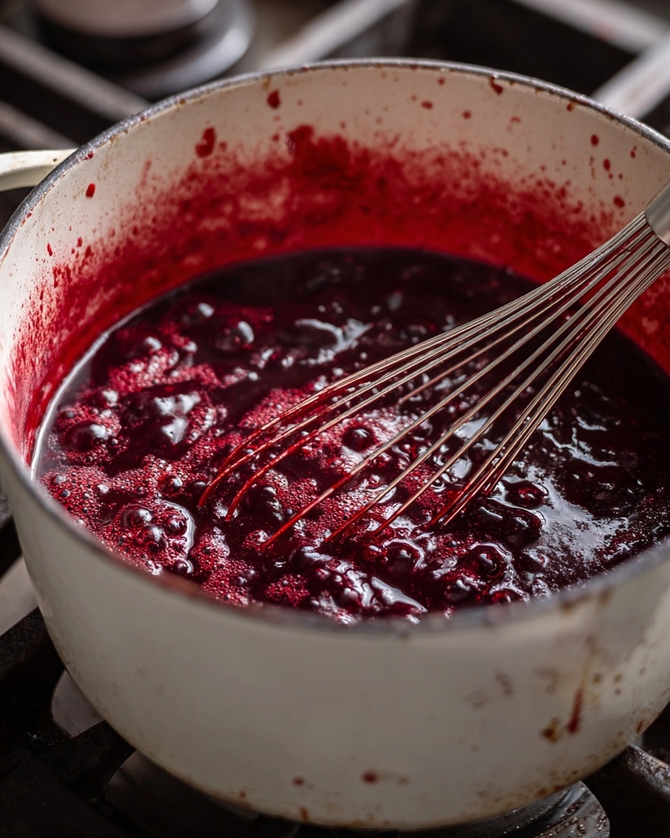 A white enamel pot is filled with dark red, thick bubbling liquid that looks like a fruit sauce or jam cooking on a stove. The deep red mixture has many shiny bubbles on the surface with a slightly sticky texture. A metal whisk is partially submerged on the right side, stirring the hot sauce. The pot has some splashes and stains on the inner white sides, showing active cooking. The background shows parts of a black stove underneath. The whole setting has a warm, cozy kitchen feel. photo taken with an iphone --ar 4:5 --v 7