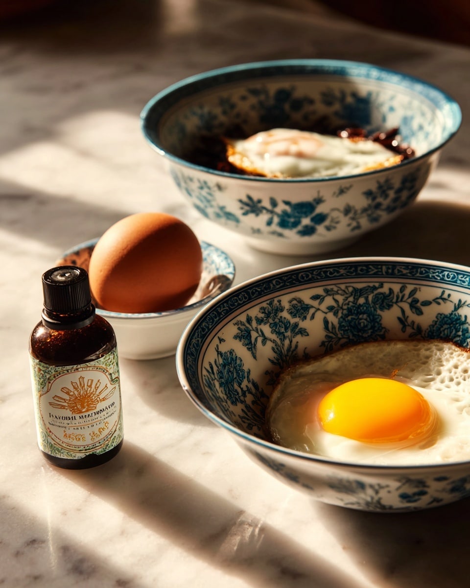 A small brown bottle of Madagascar Bourbon pure vanilla extract stands in the front left on a white marbled surface, casting a soft shadow. To the right, a smooth brown egg lies just beside a blue and white floral patterned white bowl filled with a creamy white substance. Behind these, another similarly patterned white bowl holds a sunny-side-up fried egg with a bright yellow yolk on top of some dark brown food. The background is softly blurred with warm light falling naturally on the objects, highlighting their textures and creating a cozy scene. Photo taken with an iphone --ar 4:5 --v 7