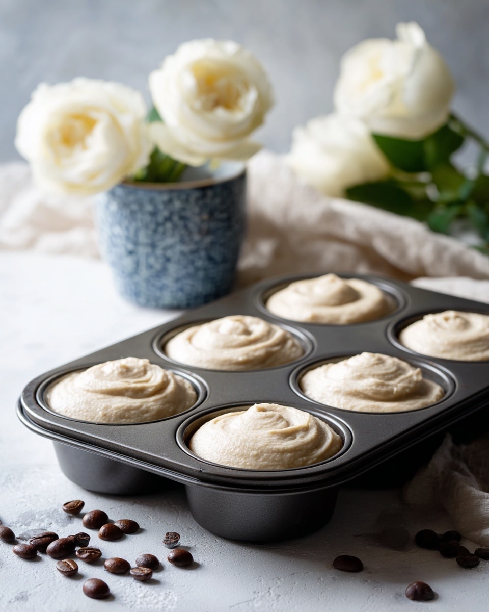 A dark metal donut baking pan holds six cavities filled with thick, light beige batter swirled smoothly on top. The pan is placed on a white marbled textured surface with some scattered small dark chocolate chips nearby. In the background, a blue patterned cup is filled with dark brown coffee beans and topped with two pale cream-colored white roses. Soft natural light shines from the left side, casting gentle shadows and highlighting the texture of the batter and petals. photo taken with an iphone --ar 4:5 --v 7