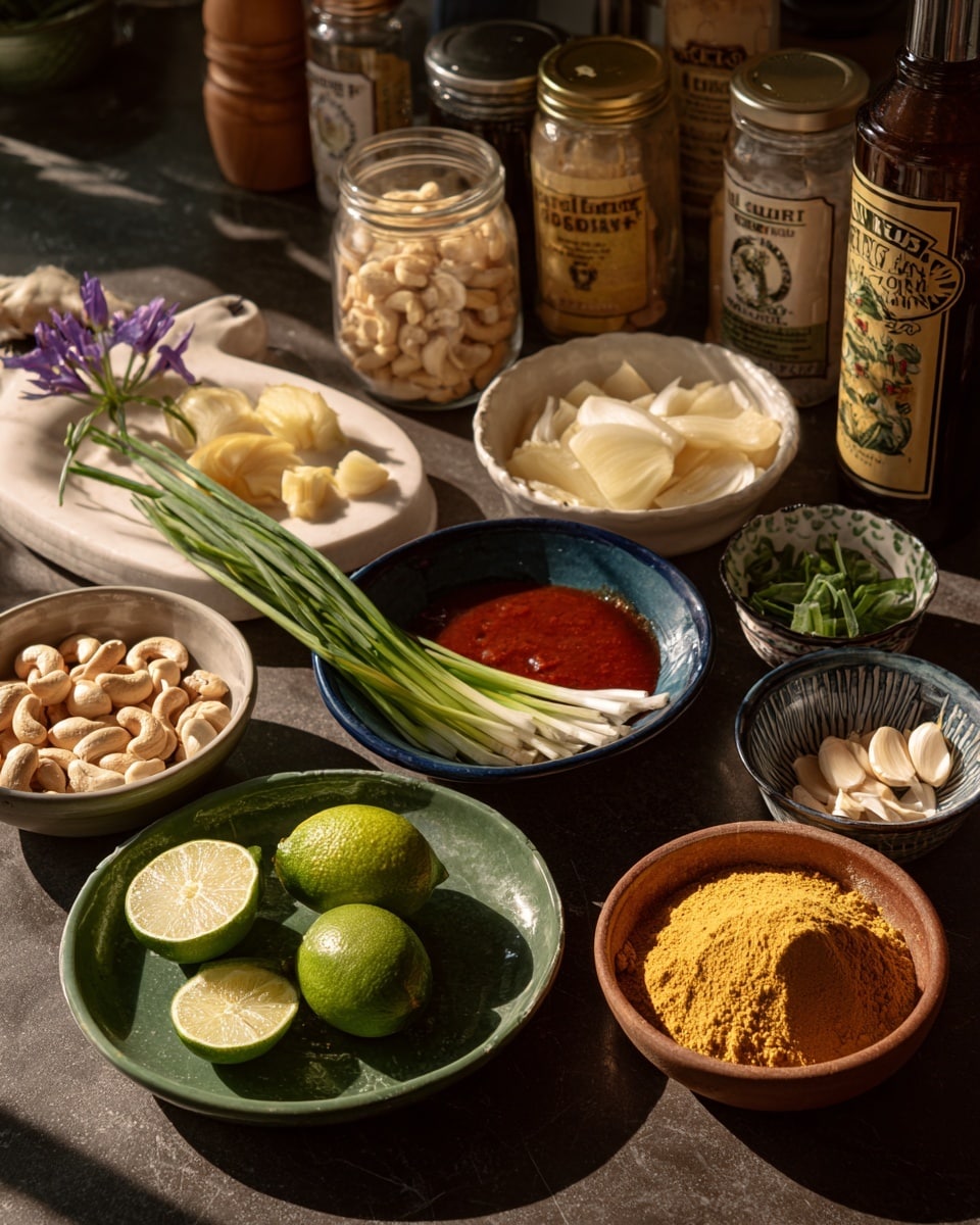 The image shows a close-up of various cooking ingredients arranged on a dark surface with bright sunlight casting shadows. In the foreground, there is a green plate holding several lime wedges and a white bowl filled with red sauce. On top of the lime plate sits a blue bowl containing thinly sliced green onions. To the right, there is a small brown bowl with a mound of bright yellow powder, likely curry powder. Behind this is a glass jar labeled