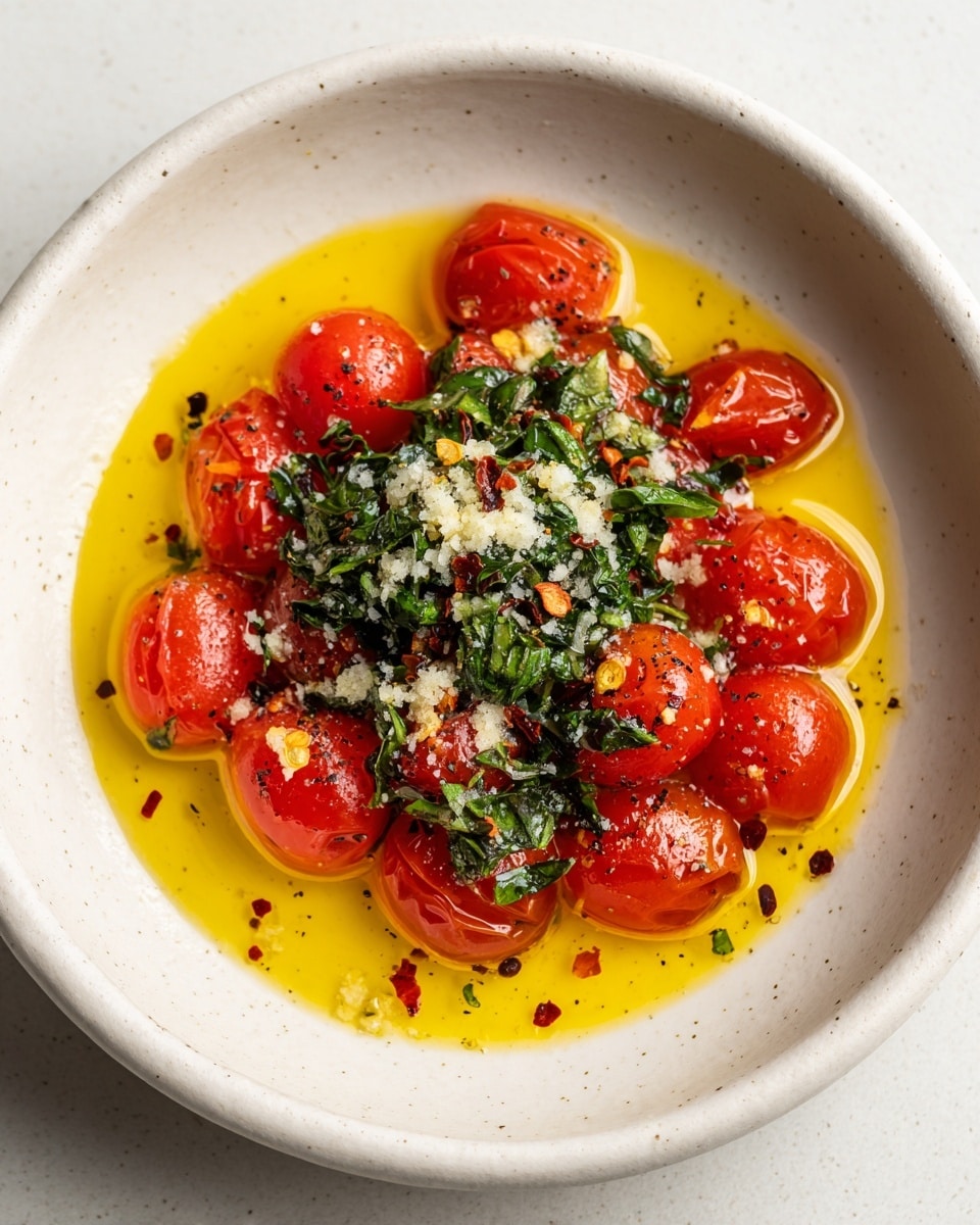 A white plate holds a layer of bright yellow olive oil spread evenly across the bottom. On top, there are many shiny red grape tomatoes scattered around. In the center, there is a pile of finely chopped green basil leaves and minced white garlic. The tomatoes and herbs are sprinkled with coarse black pepper and red chili flakes, adding texture and color contrast. The overall look is fresh and colorful with a mix of smooth and rough textures. photo taken with an iphone --ar 4:5 --v 7