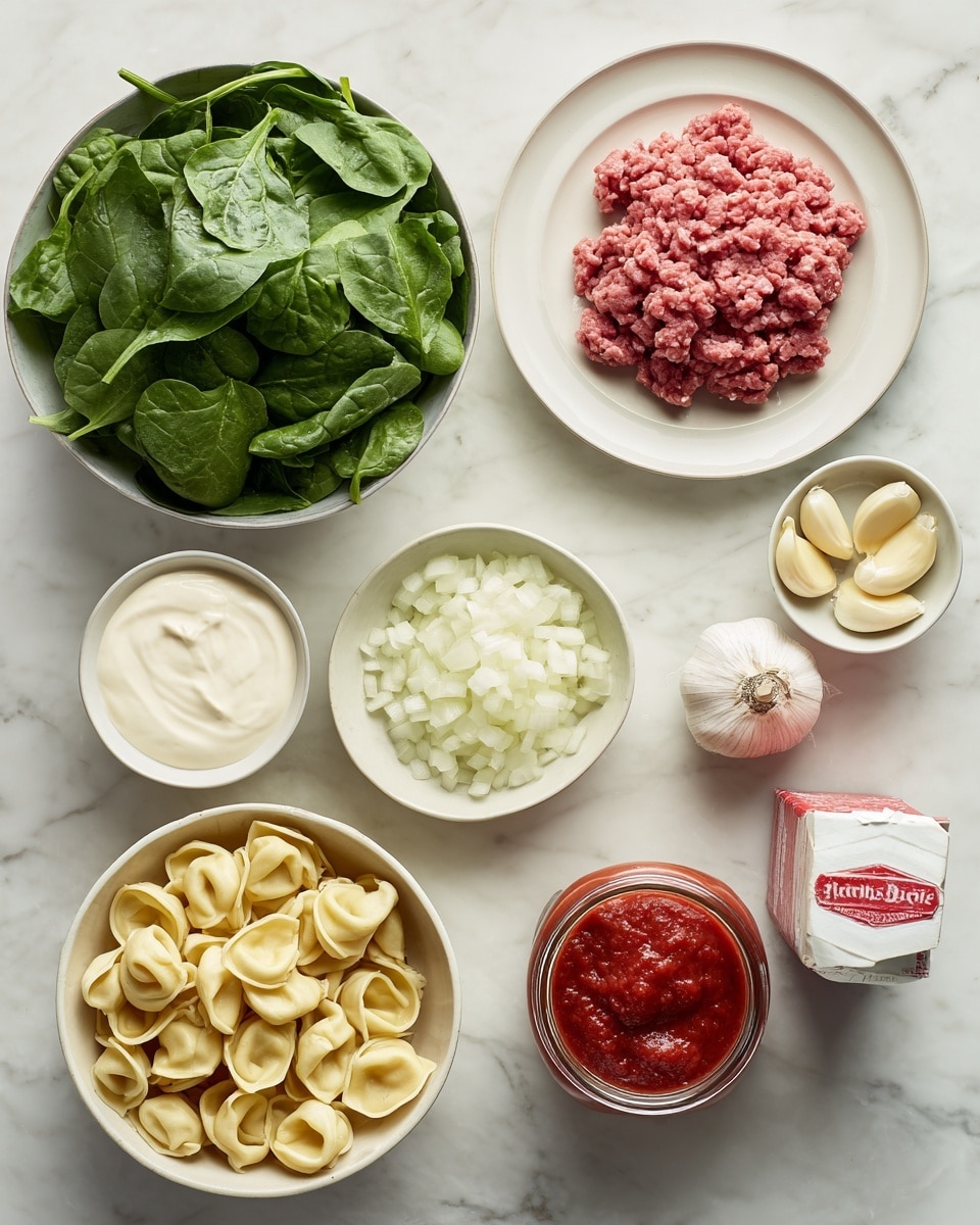 The image shows seven groups of ingredients arranged on a white marbled surface. In the top left, there is a bowl full of fresh green spinach leaves with texture and veins visible. To the right, a white plate holds a small mound of raw ground meat with a pinkish-red color and a slightly rough texture. Below the spinach, a small bowl contains chopped white onions with a soft, moist look. Next to it, a carton of cream with a red and white design sits upright. Below the onions, a bowl is filled with light cream with a smooth texture. To the right of the cream, five peeled garlic cloves lie on the surface, showing a pale yellow color. On the bottom left, a round bowl holds a heap of uncooked tortellini pasta, pale yellow and slightly shiny. On the bottom right, an open jar of red tomato sauce with a chunky texture is visible. Photo taken with an iphone --ar 4:5 --v 7