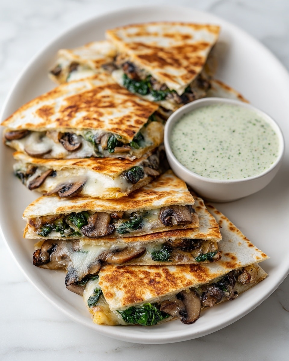 The image shows a white oval plate on a white marbled surface, filled with about eight triangular pieces of quesadilla. Each quesadilla piece has a lightly browned tortilla layer that is thin and crisp with some darker toasted spots, and inside, visible layers of melted cheese, sautéed spinach, and mushrooms with a tender texture and dark green and brown colors. At the top right of the plate is a small round bowl filled with a creamy light green sauce that has a smooth texture speckled with tiny herb bits. Photo taken with an iphone --ar 4:5 --v 7