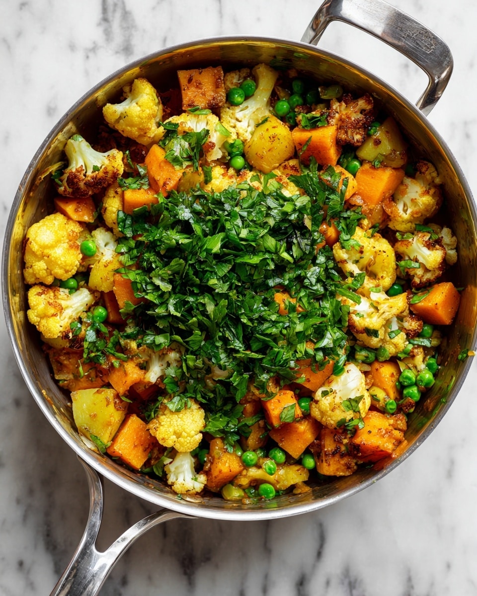 A round steel pot filled with a mix of cooked vegetables, mainly orange-yellow chunks of potatoes and cauliflower pieces along with some green peas scattered throughout. On top of these cooked vegetables is a thick layer of fresh bright green chopped herbs, giving a fresh and vibrant contrast. The pot handle is shiny and metallic, placed on a white marbled surface. The colors are warm and earthy with the fresh green herbs adding brightness. photo taken with an iphone --ar 4:5 --v 7