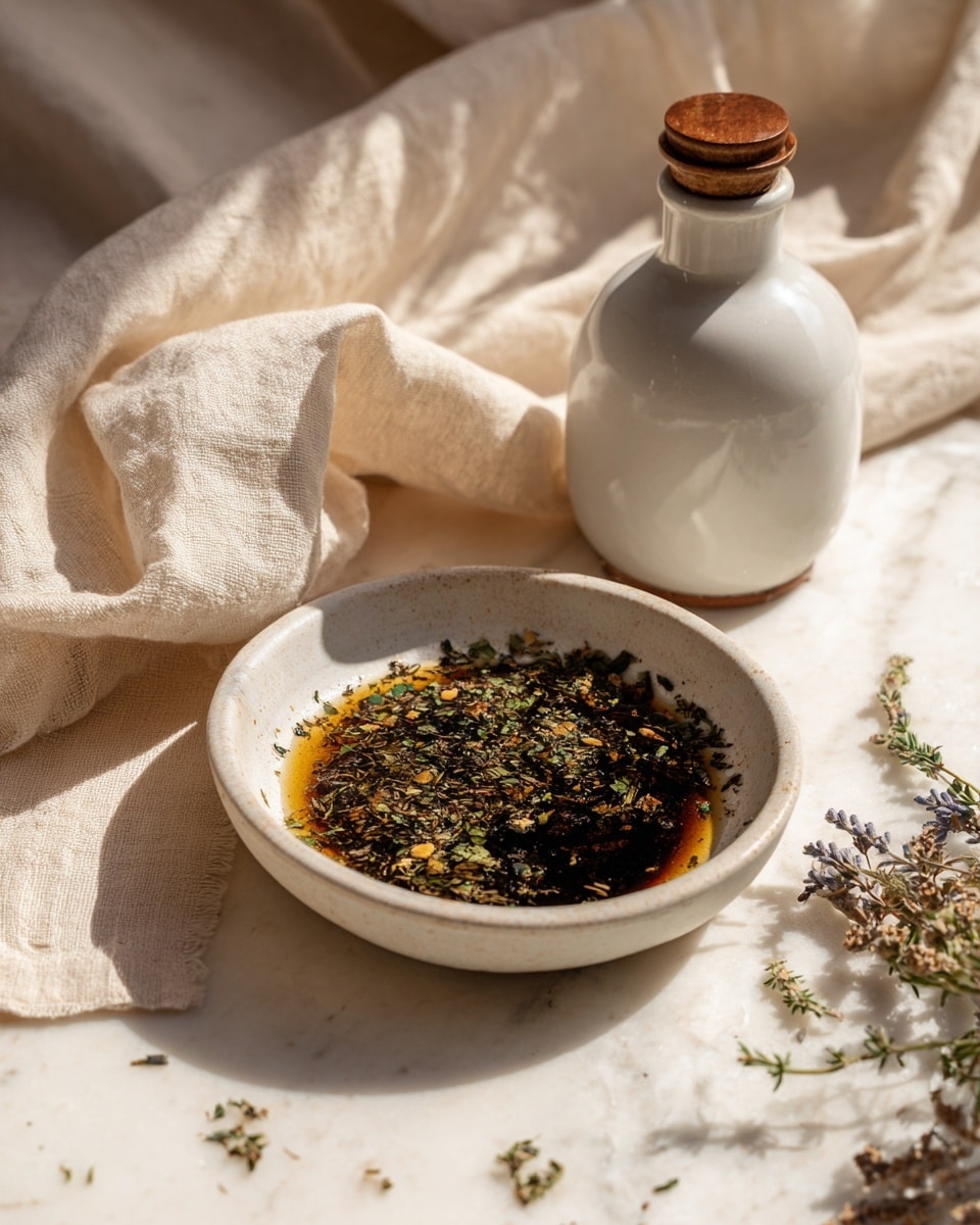 A white bowl sits on a white marbled surface with a creamy beige cloth beside it. Inside the bowl is a small shallow pool of dark brown liquid mixed with green dried herbs scattered all around the center. Near the bowl is a white ceramic bottle with a wooden top. The lighting is soft and natural, highlighting the textures of the herbs and the smooth surface of the bowl. photo taken with an iphone --ar 4:5 --v 7