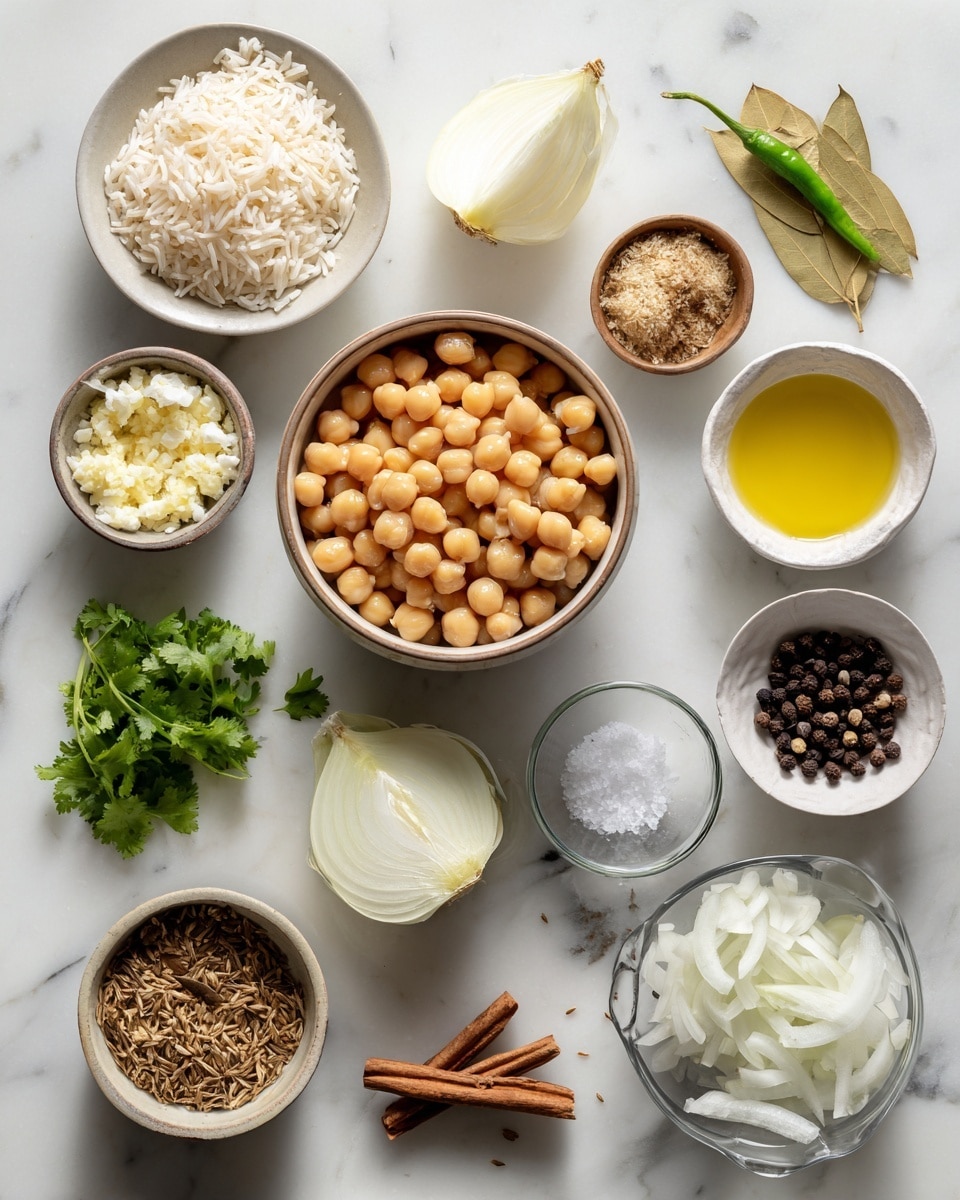 A round speckled bowl sits on a white marbled surface filled with light brown seasoned rice mixed with beige chickpeas and bits of fresh green cilantro leaves. On top of the rice, there are dollops of white yogurt mixed with small pieces of red onion and green herbs, adding a creamy texture. A silver spoon inside the bowl holds some rice and yogurt, showing the layers clearly. In the top left corner, part of a white plate with more of the same rice and chickpeas is visible. To the right, there is a glimpse of a white bowl with yogurt and herbs. The overall scene is bright and clean with natural colors. Photo taken with an iphone --ar 4:5 --v 7