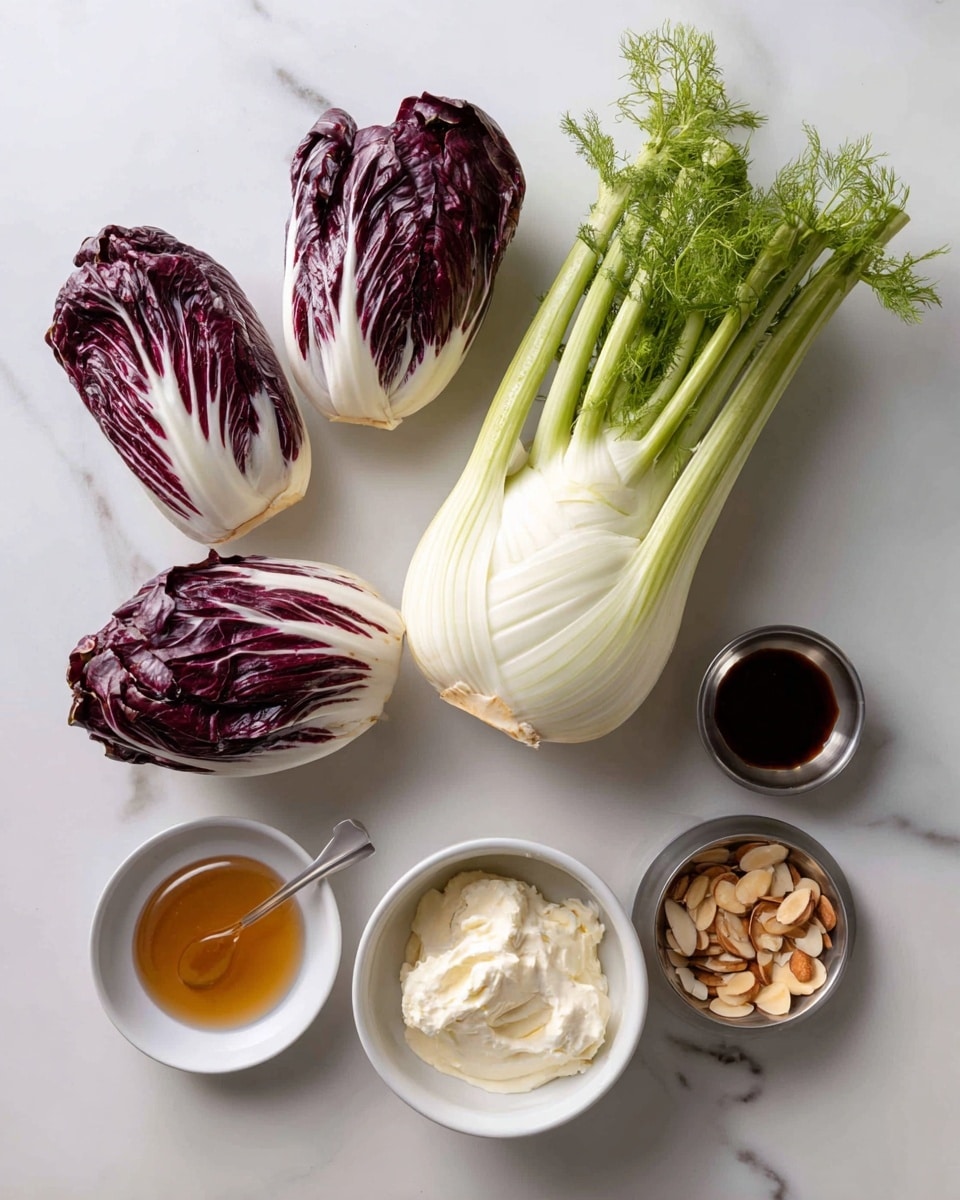 The image shows fresh ingredients arranged on a white marbled surface: three small heads of deep purple radicchio with white veins, a large bulb of pale green fennel with bright green stalks and feathery leaves, a white bowl filled with smooth cream cheese, a small white bowl with a light brown liquid, and three small stainless steel bowls containing golden mustard, dark brown honey, and thin toasted almond slices. The items are spaced neatly in a flat lay style with no other objects in view, creating a clean and fresh look photo taken with an iphone --ar 4:5 --v 7