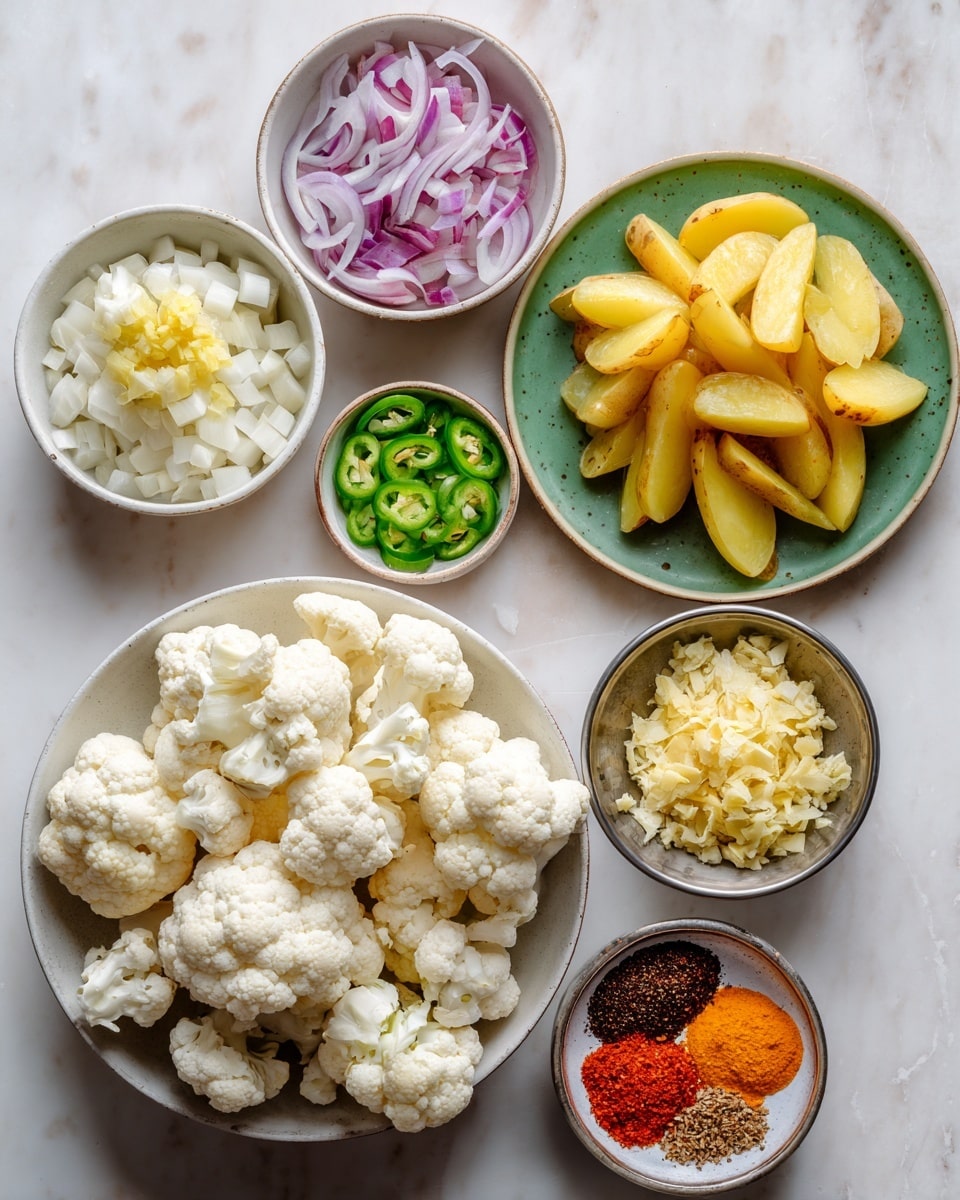 The image shows a flat lay of ingredients on a white marbled surface. In the center bottom, there is a white bowl filled with many white cauliflower florets. To the right of the bowl, a small metal bowl holds finely chopped garlic, light yellow in color. Above that, a green plate holds several yellow potato wedges with skins on. To the left of the green plate at the center left, a white bowl filled with a mix of chopped white and purple onions sits. Above the onions, a very small bowl contains thin slices of bright green chili. At the top right, a white plate displays four piles of spices: bright orange, red, light brown, and dark brown seeds. At the top middle, another metal bowl shows finely chopped ginger, pale yellow with fibrous texture. photo taken with an iphone --ar 4:5 --v 7