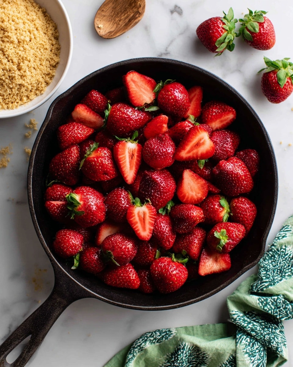 A dark cast iron pan filled with whole and halved bright red strawberries, arranged closely to cover the entire pan surface, sits on a white marbled background. To the left bottom corner, there is a white bowl partially visible, filled with a layer of golden-brown oat and crumb topping. On the top right side of the pan, a few fresh strawberries with green leaves lie on the white marbled surface, next to a green and blue patterned cloth with wrinkles. The scene is bright and colorful with vibrant reds and natural textures. Photo taken with an iphone --ar 4:5 --v 7