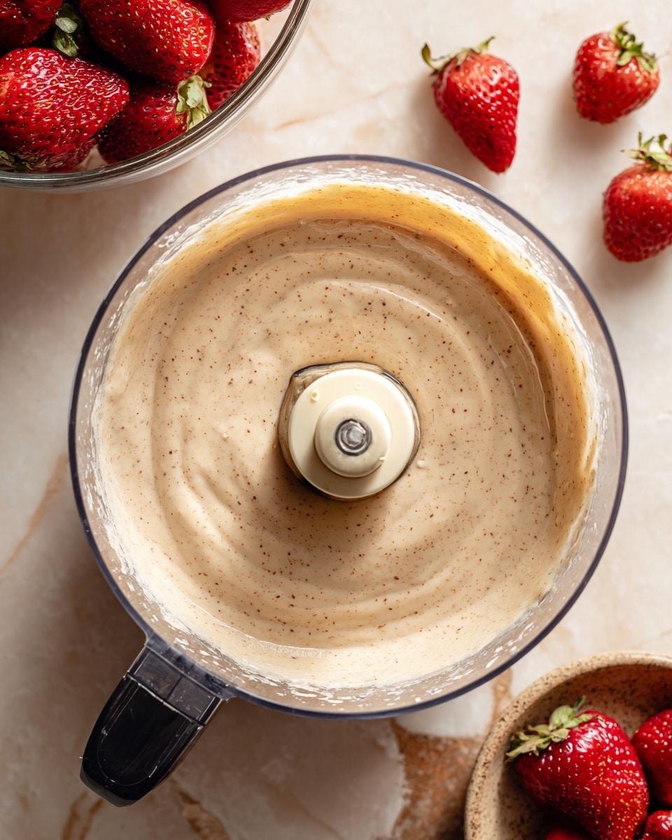 The image shows a close-up top view of a food processor bowl filled with a smooth, creamy, light beige mixture, with tiny specks visible throughout, and a central blade attachment partly submerged in the mixture. In the background, there is a glass bowl with whole fresh red strawberries, and a white marbled surface underneath. The food processor and the strawberries are arranged neatly with soft natural light highlighting the textures and colors. Photo taken with an iphone --ar 4:5 --v 7