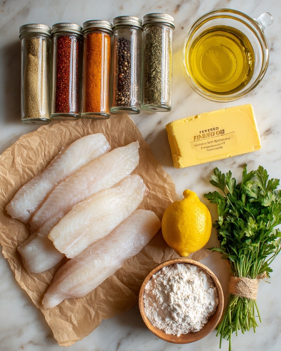 The image shows five fillets of raw white fish placed in a pile on a piece of light brown parchment paper in the bottom left area. Above them are five glass spice jars arranged in a row, filled with colorful spices labeled cayenne pepper, paprika, onion powder, thyme, and oregano from left to right. To the right of the fish is a yellow block of butter in packaging, a whole yellow lemon, a bunch of green parsley tied with a cream string, a small clear glass bowl with light yellow liquid, and a larger clear bottle with olive oil. At the top right corner, there is a small wooden bowl with white flour, three garlic cloves, and a clear pepper grinder filled with black pepper. All items are resting on a white marbled surface. Photo taken with an iphone --ar 4:5 --v 7