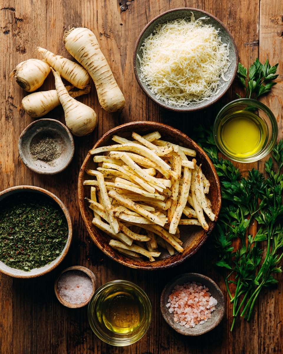 The image shows a white rectangular plate filled with crispy baked fries that are golden and light brown, coated in green herbs and small bits of melted cheese, giving them a textured and slightly crunchy look. The fries are scattered in layers, some stacked on top of each other with a few pieces showing darker browned edges. There are a few bright green fresh parsley leaves placed on the fries and around them for decoration. On the upper right corner of the plate, there is a small white round ramekin filled with bright red ketchup, with a textured, glossy surface. The plate is set on a white marbled surface with a red and white checkered cloth cloth partially visible in the background. photo taken with an iphone --ar 4:5 --v 7