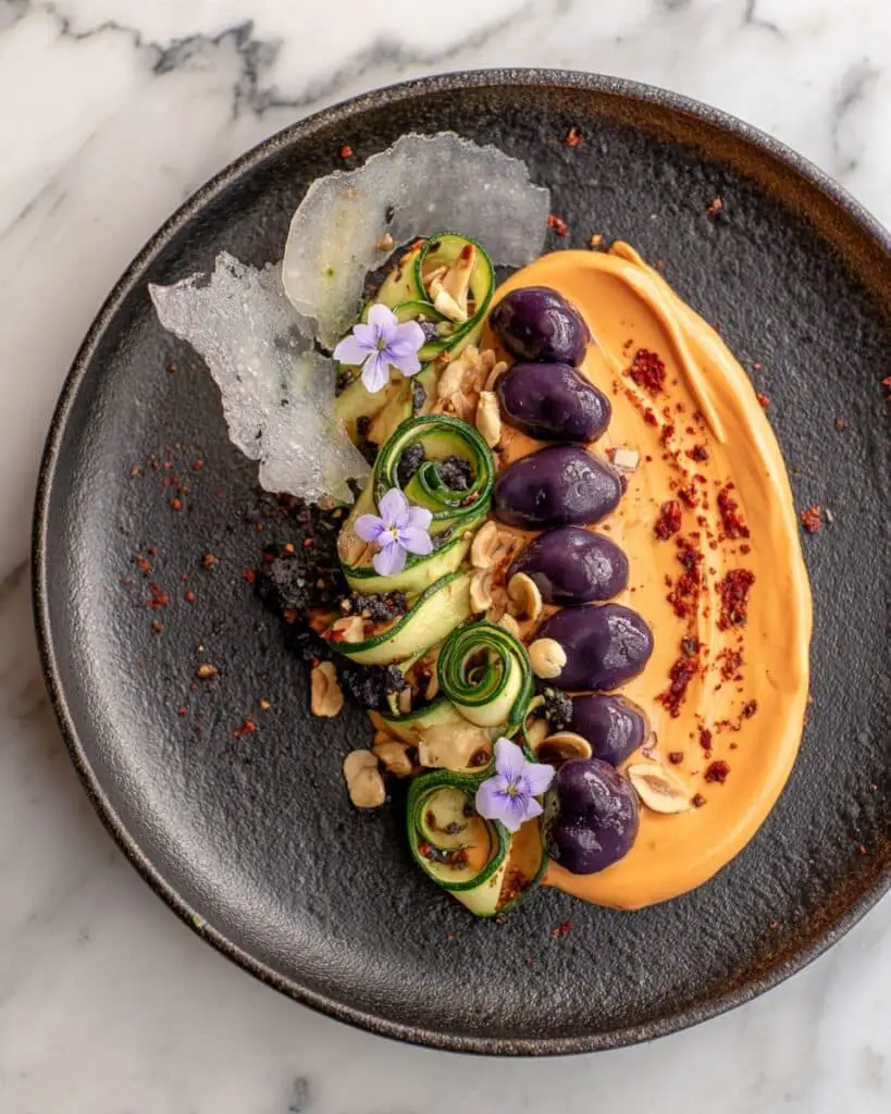 Ube Gnocchi with Garlic Cashew Carrot Puree, Grilled Zucchini, and Crispy Garlic Recipe