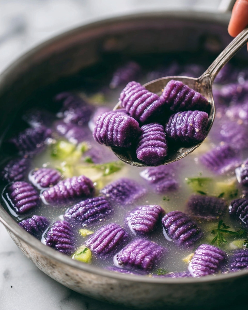 Ube Gnocchi with Garlic Cashew Carrot Puree, Grilled Zucchini, and Crispy Garlic Recipe - Recipe Image