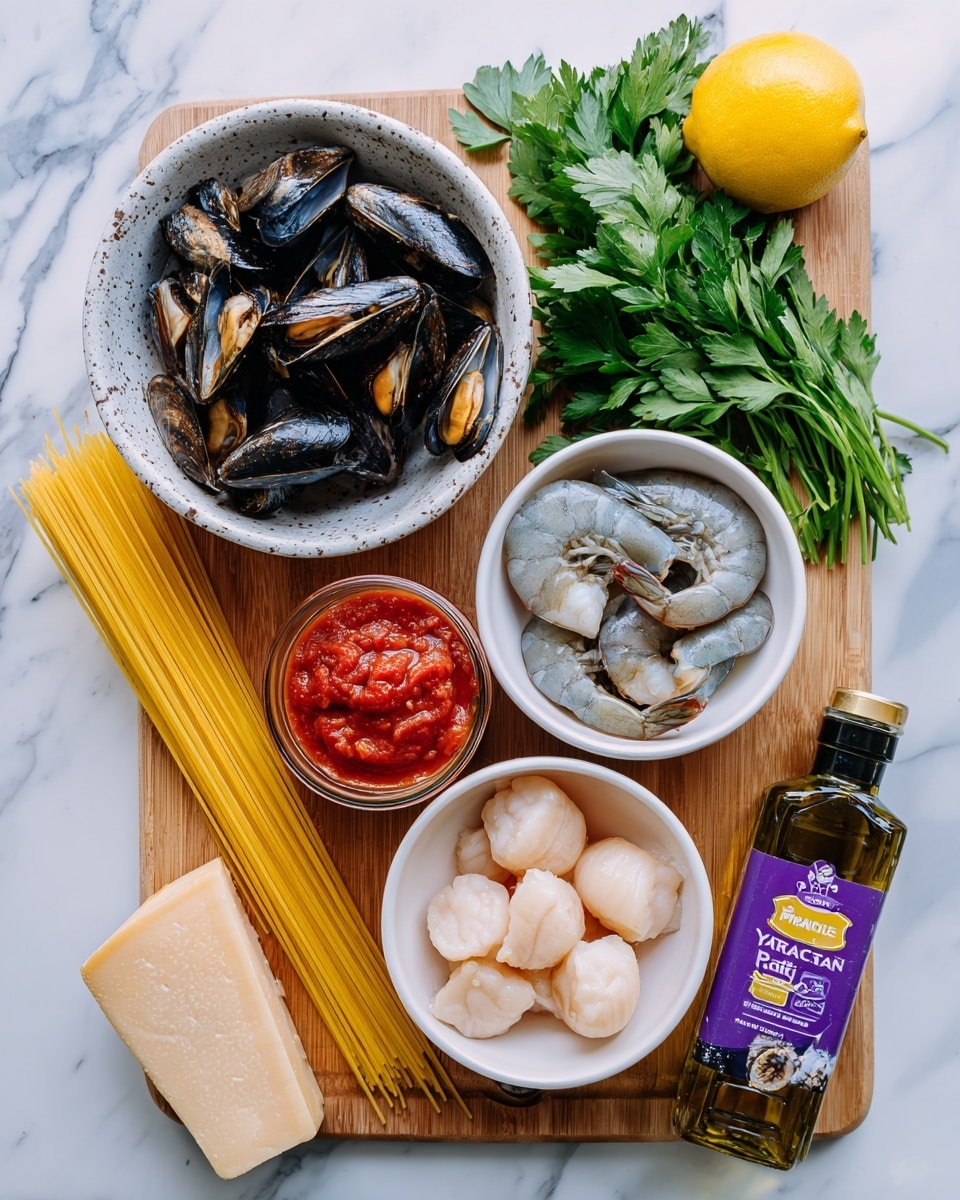The image shows a wooden board on a white marbled surface holding a variety of ingredients. On the top left, a white bowl with a speckled pattern contains dark blue mussels and light brown clams. To the right, fresh parsley with bright green leaves and a whole yellow lemon rest at the top. Below the parsley and lemon is a white bowl with three uncooked gray shrimp with tails curled. Next to it, another white bowl holds several pale, uncooked scallops. On the left side of the board, uncooked yellow spaghetti pasta sticks lay flat. In front of the pasta are two jars: one with red tomato marinara sauce with a purple lid and label, and the other a bottle of extra virgin olive oil with a purple cap and label. At the bottom center of the board is a wedge of hard parmesan cheese. Photo taken with an iphone --ar 4:5 --v 7