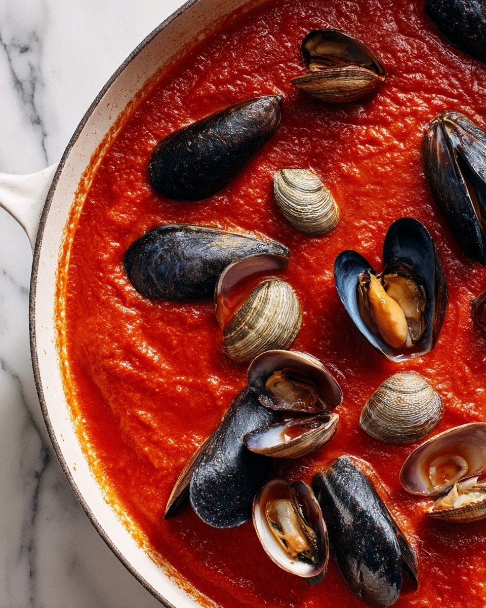 A white plate holds a seafood pasta dish with thick, pale yellow noodles coated in a light red sauce. The pasta is mixed with dark black mussel shells, clams with dark brown striped shells, and pink-orange shrimp. The dish is sprinkled with small bits of fresh green parsley and some grated white cheese. A silver fork rests on the right side of the plate, piercing some noodles and seafood. The plate is placed on a white marbled surface, next to a white cloth napkin. In the top right corner, a small white bowl filled with grated cheese sits partly visible. photo taken with an iphone --ar 4:5 --v 7