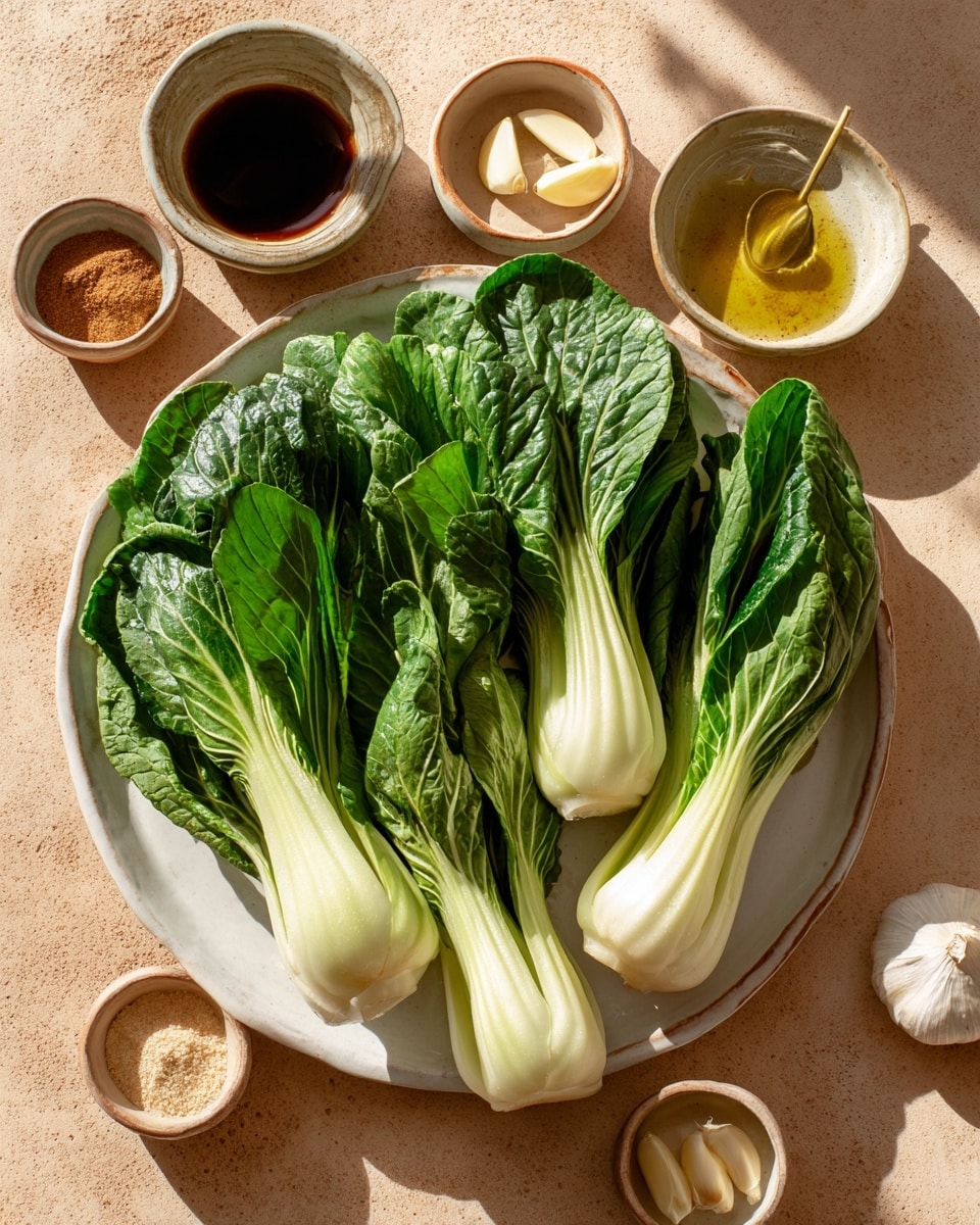 The image shows a white plate filled with five heads of fresh bok choy, each with thick white stems and deep green crinkled leaves. Around the plate on a light brown textured surface are five small ceramic bowls, two with a dark brown liquid, one with two garlic cloves, one with a light olive oil, and one with light brown powder. The sunlight casts clear shadows, enhancing the freshness and texture of the vegetables and ingredients photo taken with an iphone --ar 4:5 --v 7