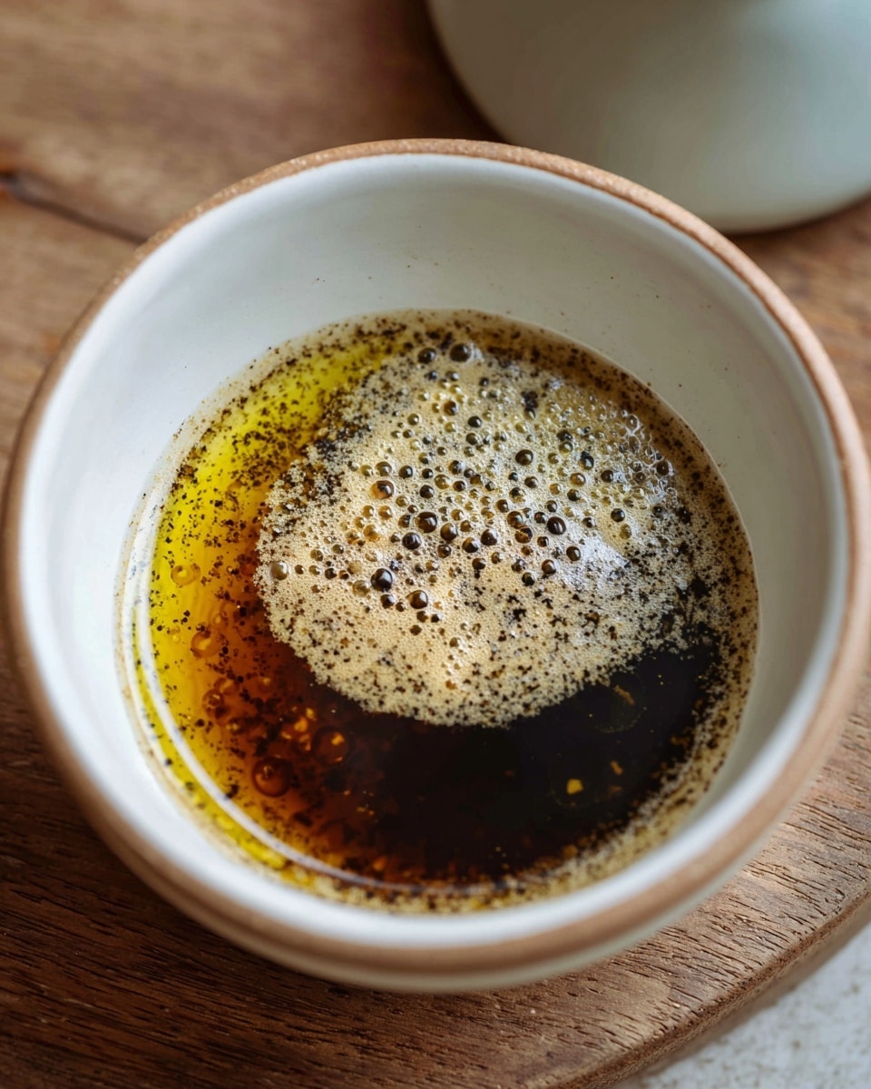 A close-up shot of a white bowl with a light brown rim, containing a mixture with three clear layers: a bottom layer of dark brown liquid, a middle layer of yellow oil with small bubbles, and a top layer of light beige powder mixed with black pepper specks. The bowl rests on a wooden surface, and a white juicer is partially visible at the top right corner. Photo taken with an iphone --ar 4:5 --v 7