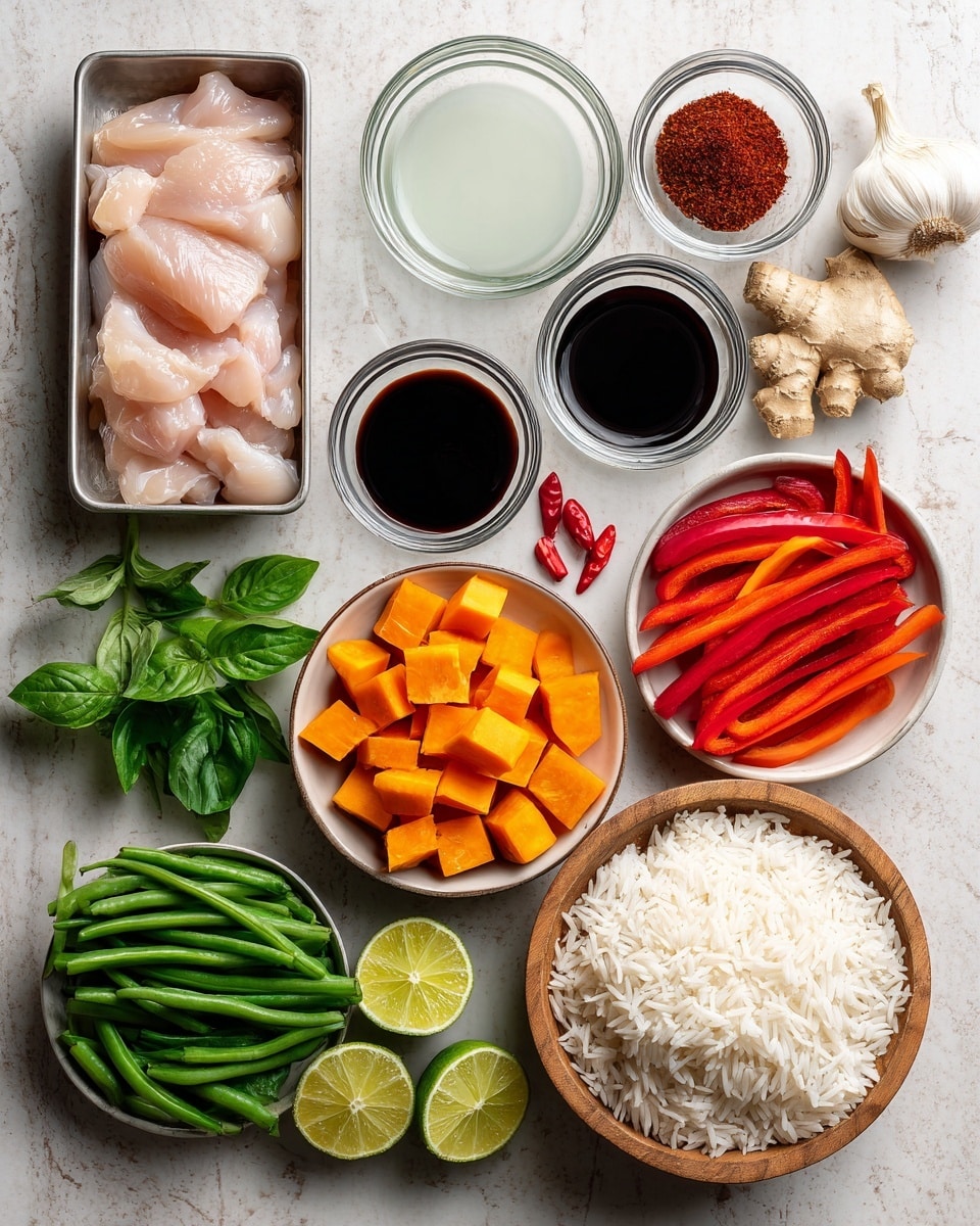 A neatly arranged flat lay of fresh cooking ingredients on a white marbled surface, featuring thin strips of raw pale pink chicken in a small metal tray on the top left. Next to the chicken are small clear glass bowls holding white creamy coconut milk, dark soy sauce, light brown sugar, and a reddish-brown paste. Bright orange cubed sweet potatoes and green cut green beans are placed in the center along with thin orange carrot slices and red bell pepper strips in a white bowl at the top right. At the bottom left, fresh green basil leaves and two halves of lime show vibrant green and yellow colors. To the right of the peppers is a natural light wooden bowl filled with white rice, and near it is a whole garlic bulb. Two small red chili peppers and thin slices of pale yellow ginger rest near the beans. photo taken with an iphone --ar 4:5 --v 7
