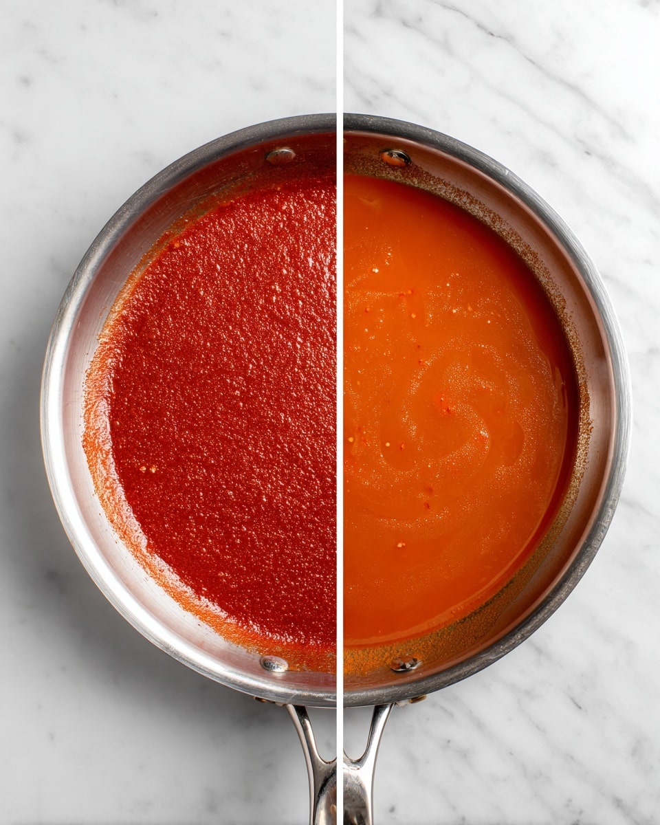 There are two side-by-side images of a shiny silver pan on a white marbled surface. The left image shows a thick red paste spread mostly flat in the pan with a rough, grainy texture and some darker spots. The right image shows the same pan filled with a smooth, orange liquid that has some small red specks and a gentle swirl pattern on the surface. The handle of the pan is visible in both images, positioned to the lower right. photo taken with an iphone --ar 4:5 --v 7